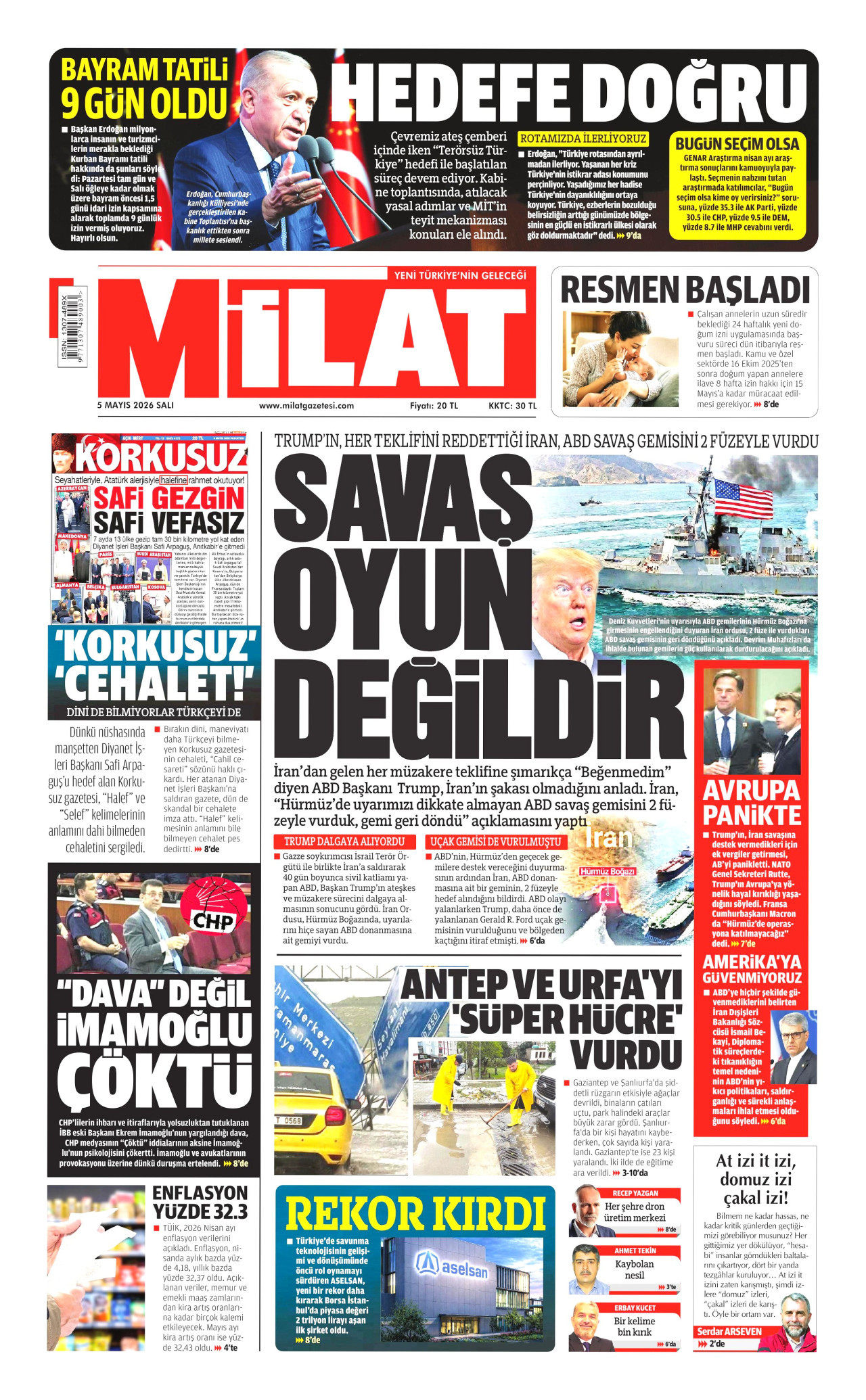 Milat Gazetesi Manşeti - 5 Mayıs 2026 Birinci Sayfa