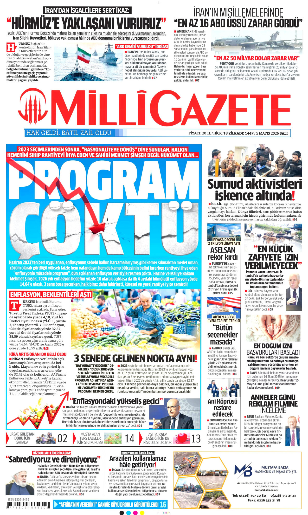 Milli Gazete Gazetesi Manşeti - 5 Mayıs 2026 Birinci Sayfa