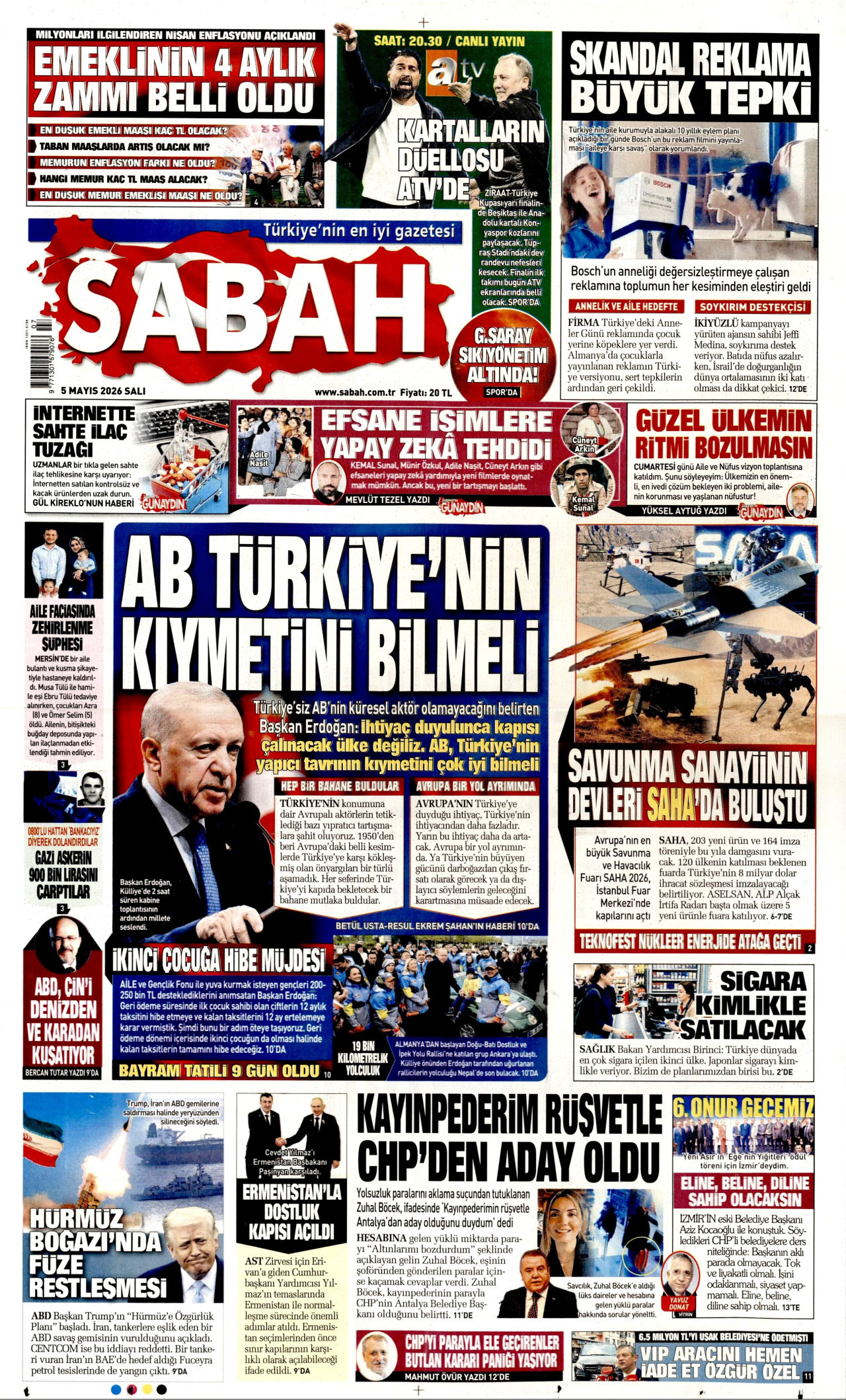 Sabah Gazetesi Manşeti - 5 Mayıs 2026 Birinci Sayfa