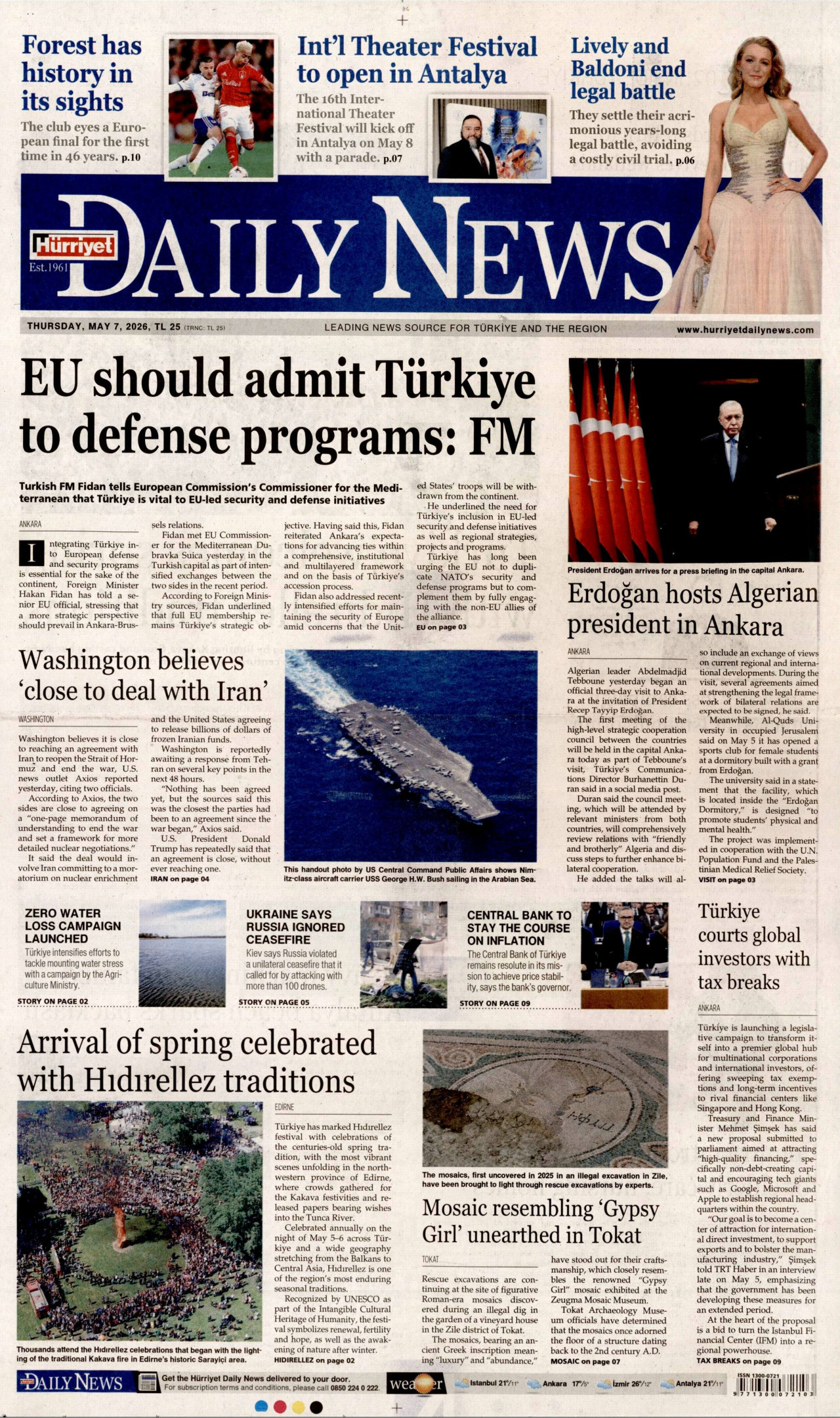 Hürriyet Daily News Gazetesi Manşeti - 7 Mayıs 2026 Birinci Sayfa