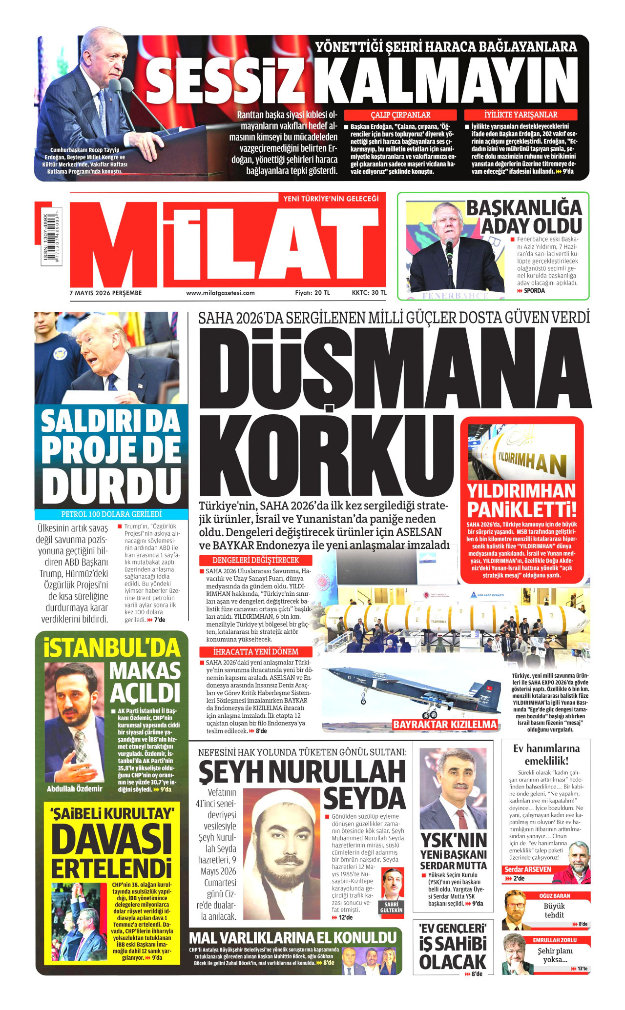 Milat Gazetesi Manşeti - 7 Mayıs 2026 Birinci Sayfa