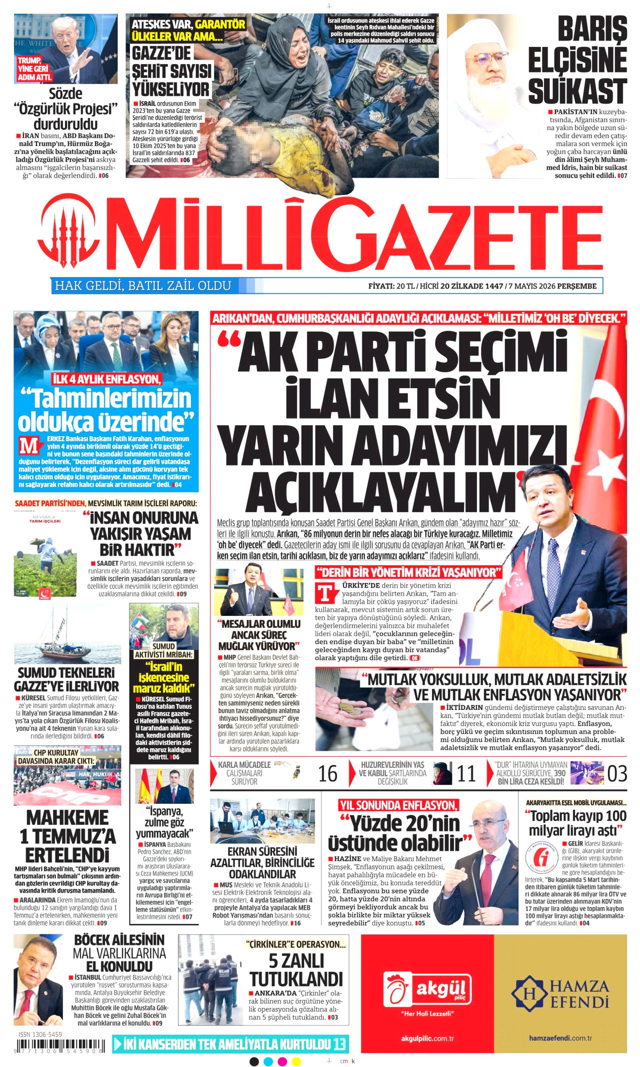 Milli Gazete Gazetesi Manşeti - 7 Mayıs 2026 Birinci Sayfa