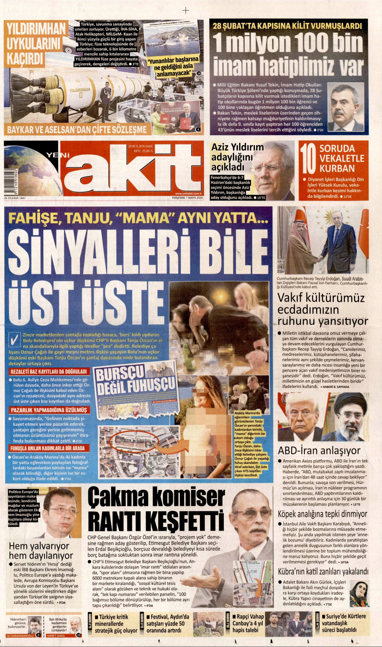 Yeni Akit Gazetesi Manşeti - 7 Mayıs 2026 Birinci Sayfa