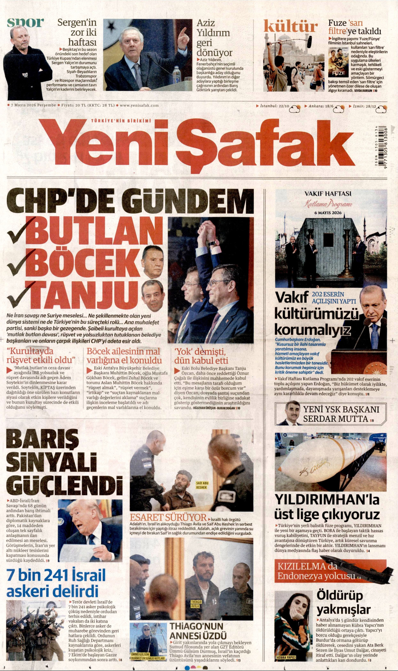 Yeni Şafak Gazetesi Manşeti - 7 Mayıs 2026 Birinci Sayfa