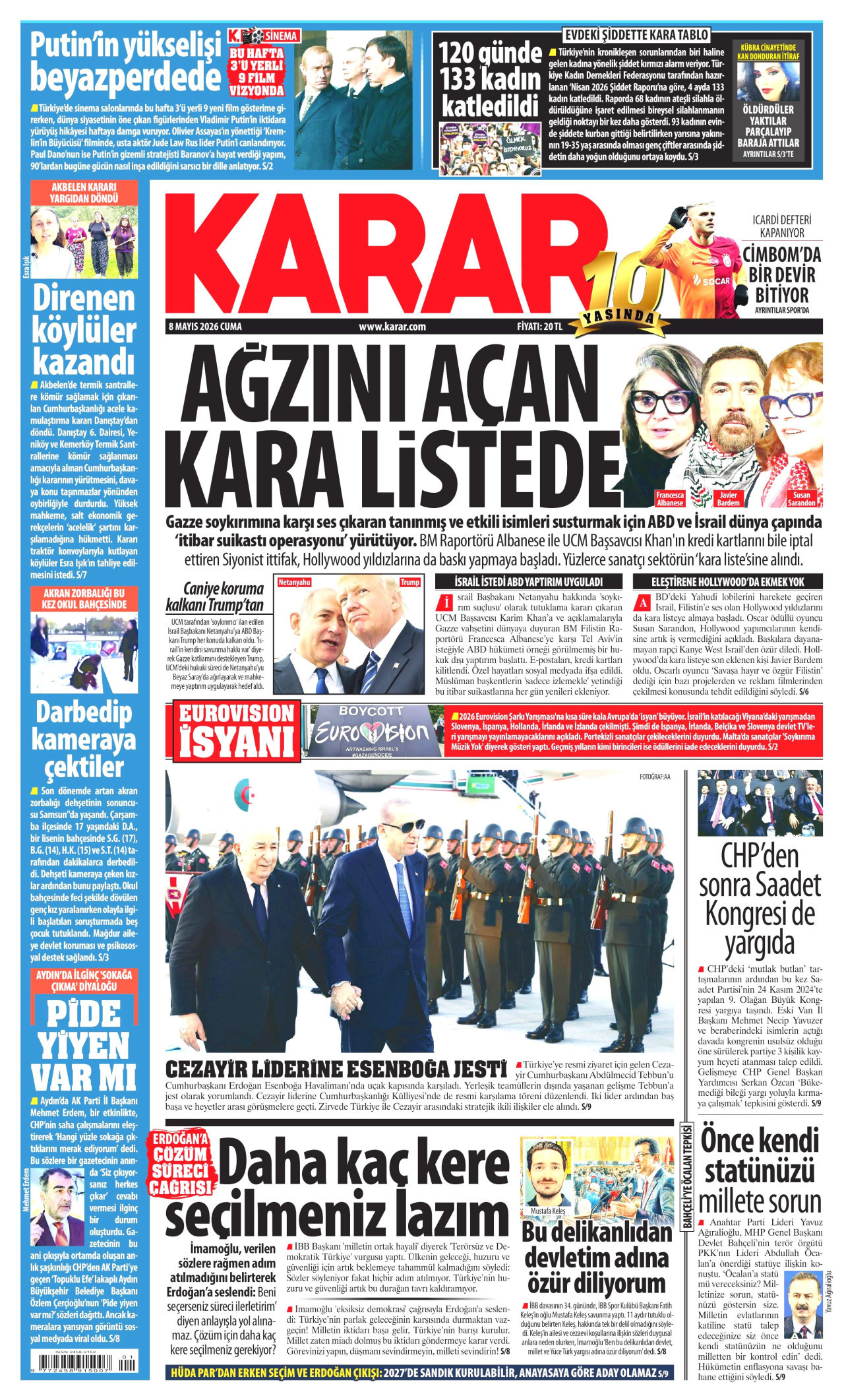 Karar Gazetesi Manşeti - 8 Mayıs 2026 Birinci Sayfa