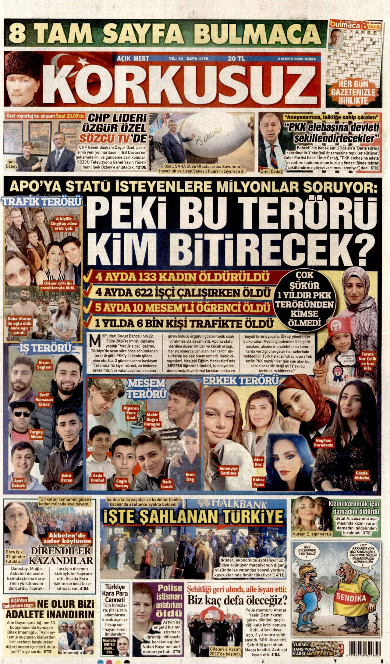 Korkusuz Gazetesi Manşeti - 8 Mayıs 2026 Birinci Sayfa