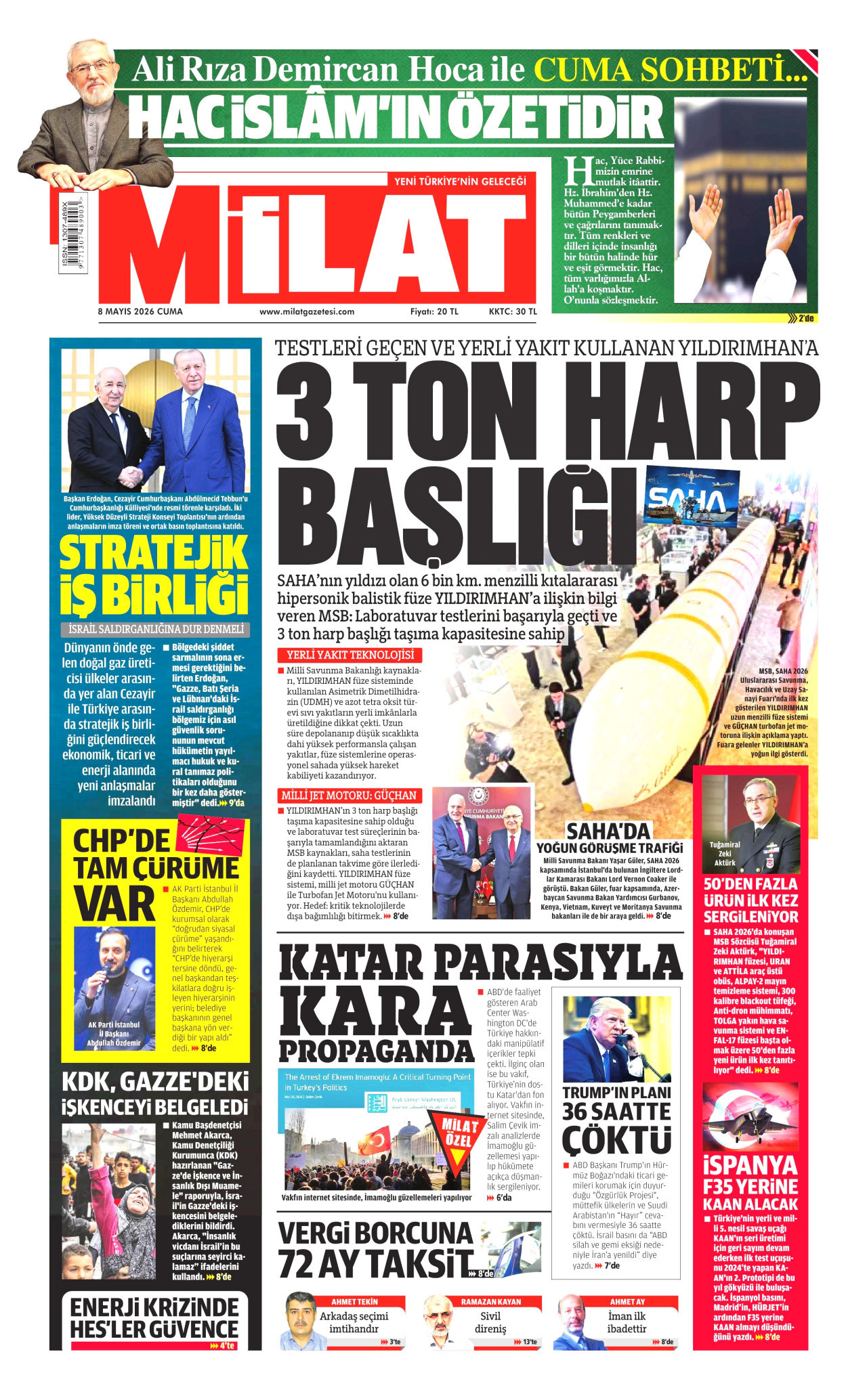 Milat Gazetesi Manşeti - 8 Mayıs 2026 Birinci Sayfa