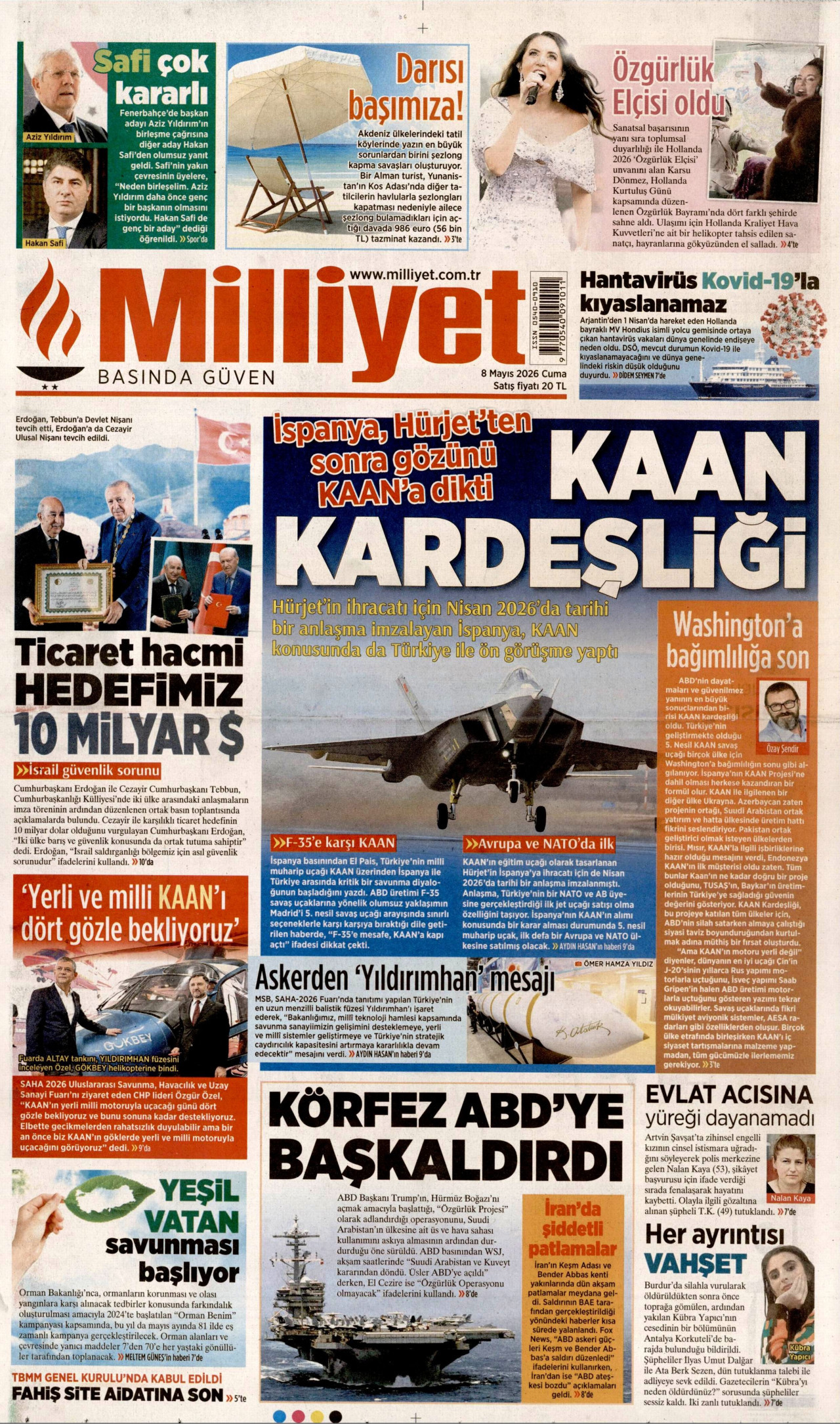 Milliyet Gazetesi Manşeti - 8 Mayıs 2026 Birinci Sayfa
