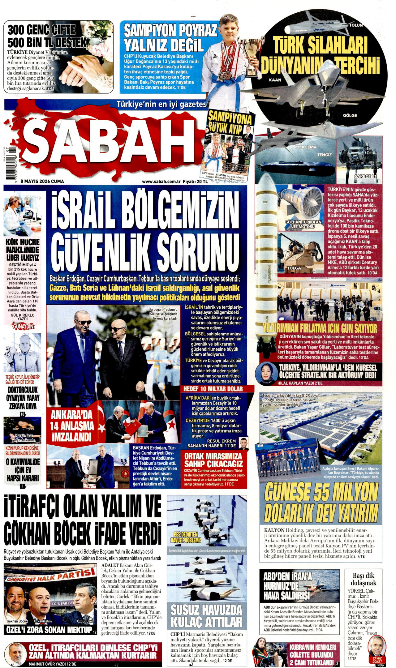 Sabah Gazetesi Manşeti - 8 Mayıs 2026 Birinci Sayfa