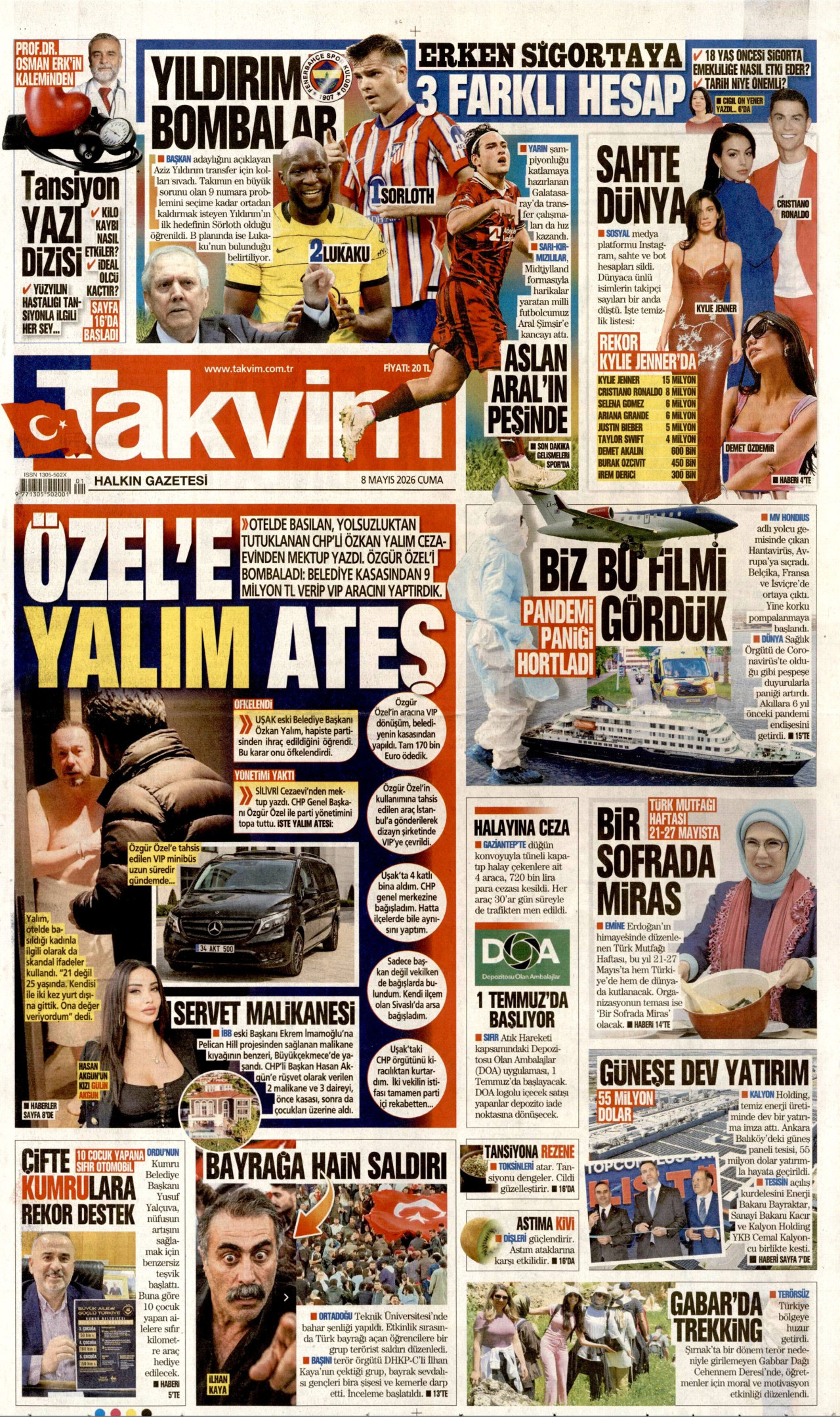 Takvim Gazetesi Manşeti - 8 Mayıs 2026 Birinci Sayfa