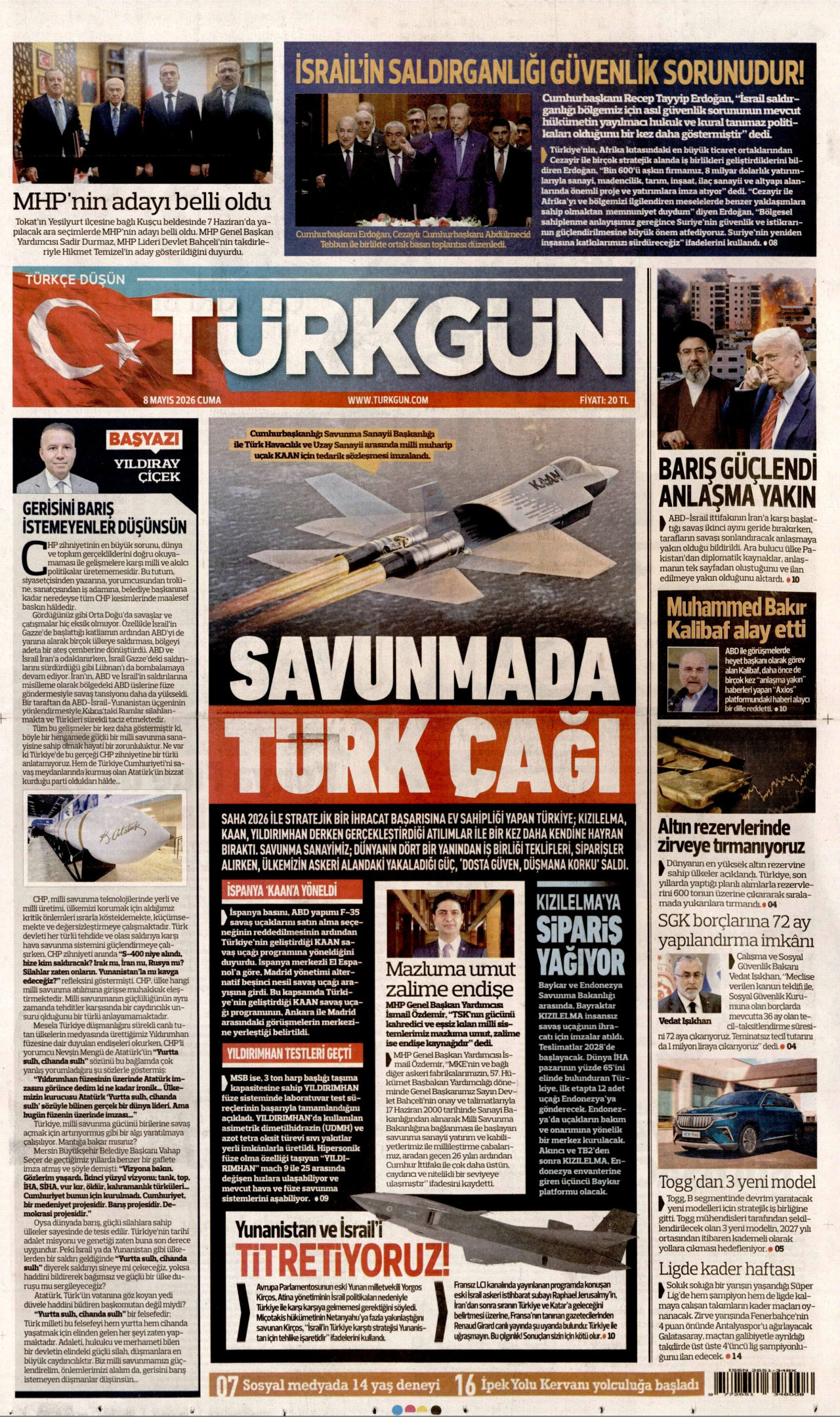 Türkgün Gazetesi Manşeti - 8 Mayıs 2026 Birinci Sayfa