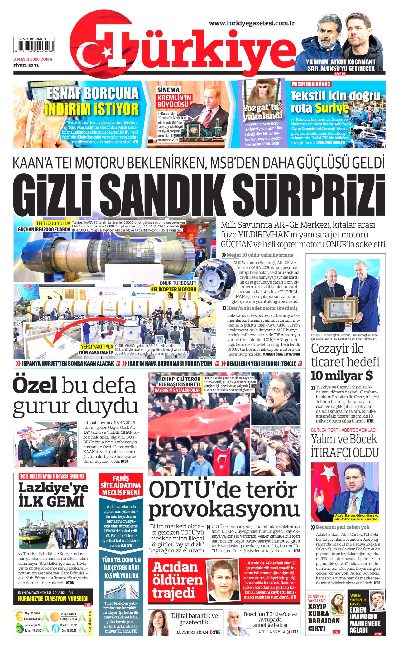 Türkiye Gazetesi Gazetesi Manşeti - 8 Mayıs 2026 Birinci Sayfa