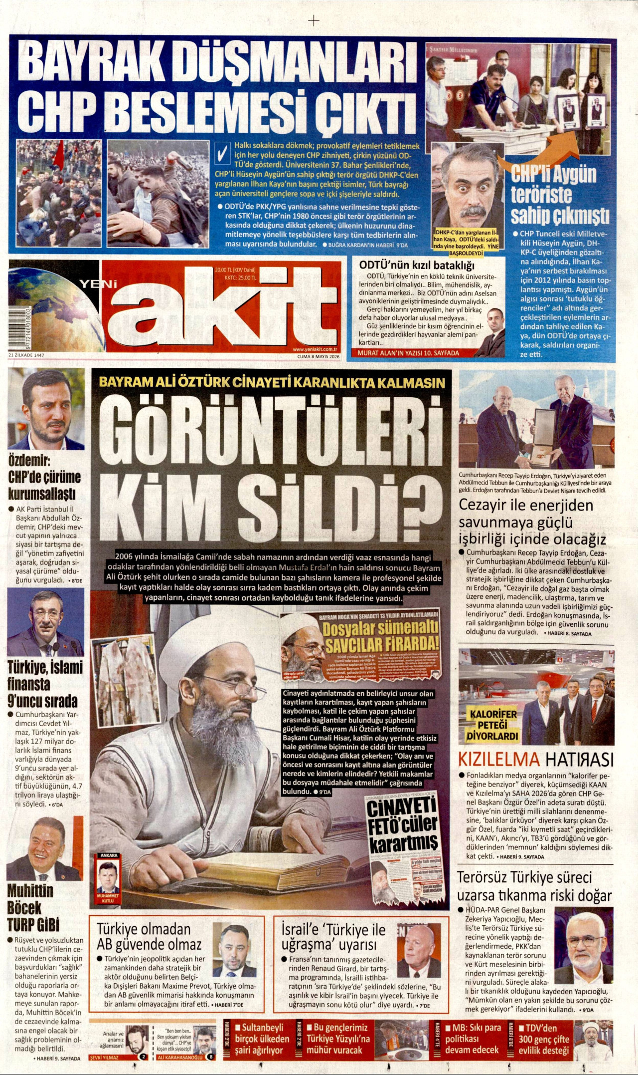 Yeni Akit Gazetesi Manşeti - 8 Mayıs 2026 Birinci Sayfa