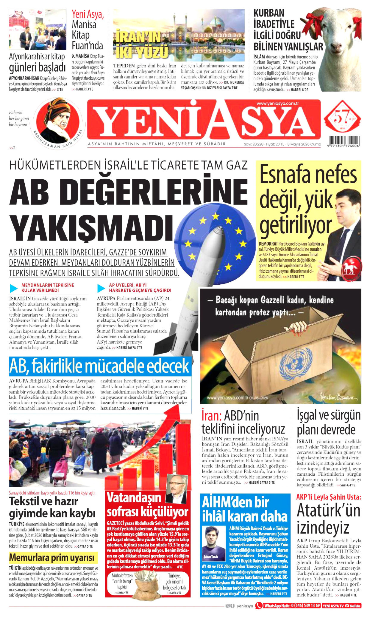Yeni Asya Gazetesi Manşeti - 8 Mayıs 2026 Birinci Sayfa