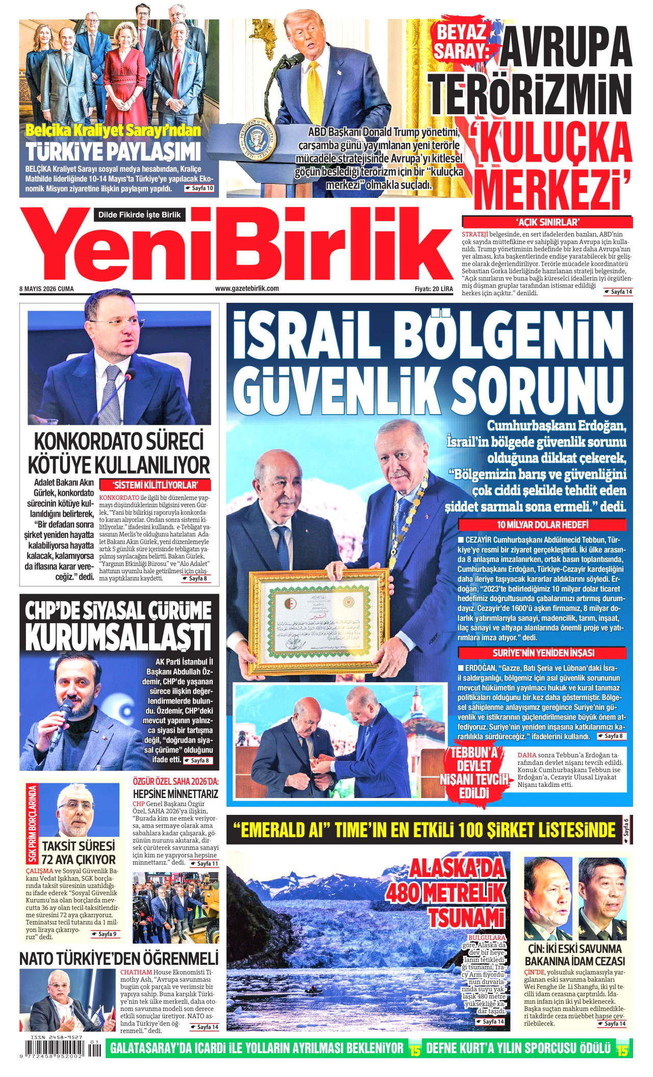 YeniBirlik Gazetesi Manşeti - 8 Mayıs 2026 Birinci Sayfa