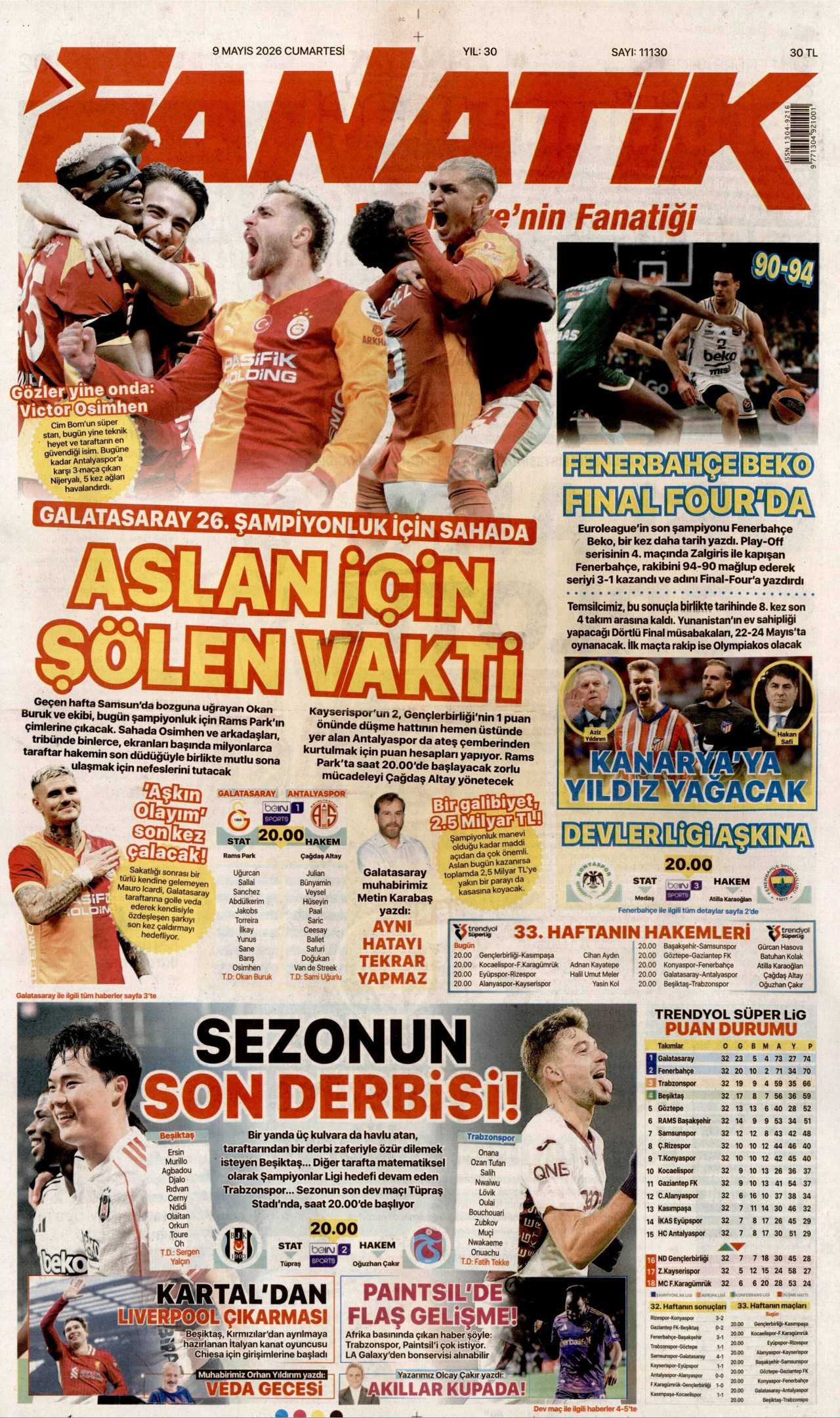 Fanatik Gazetesi Manşeti - 9 Mayıs 2026 Birinci Sayfa