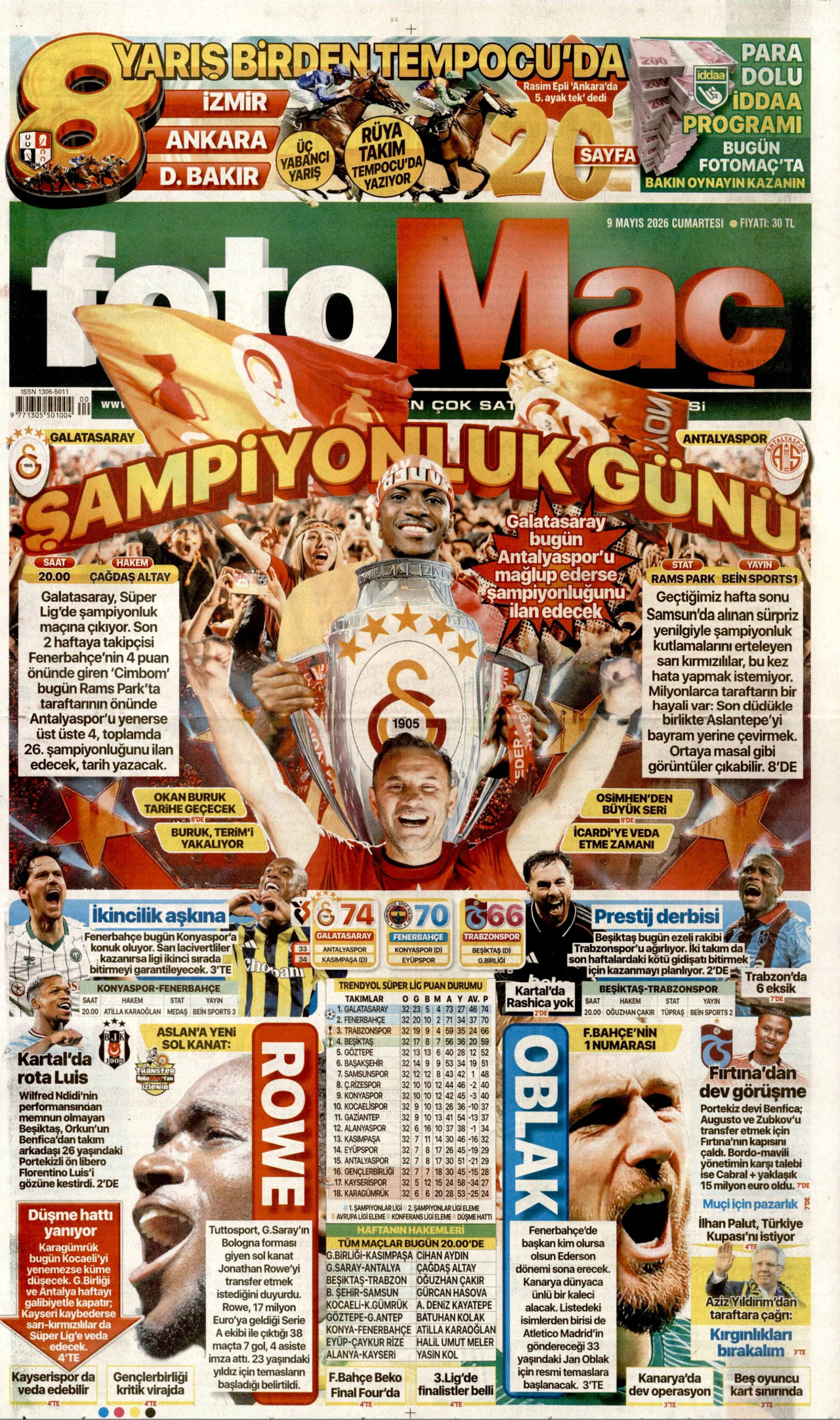 Fotomaç Gazetesi Manşeti - 9 Mayıs 2026 Birinci Sayfa