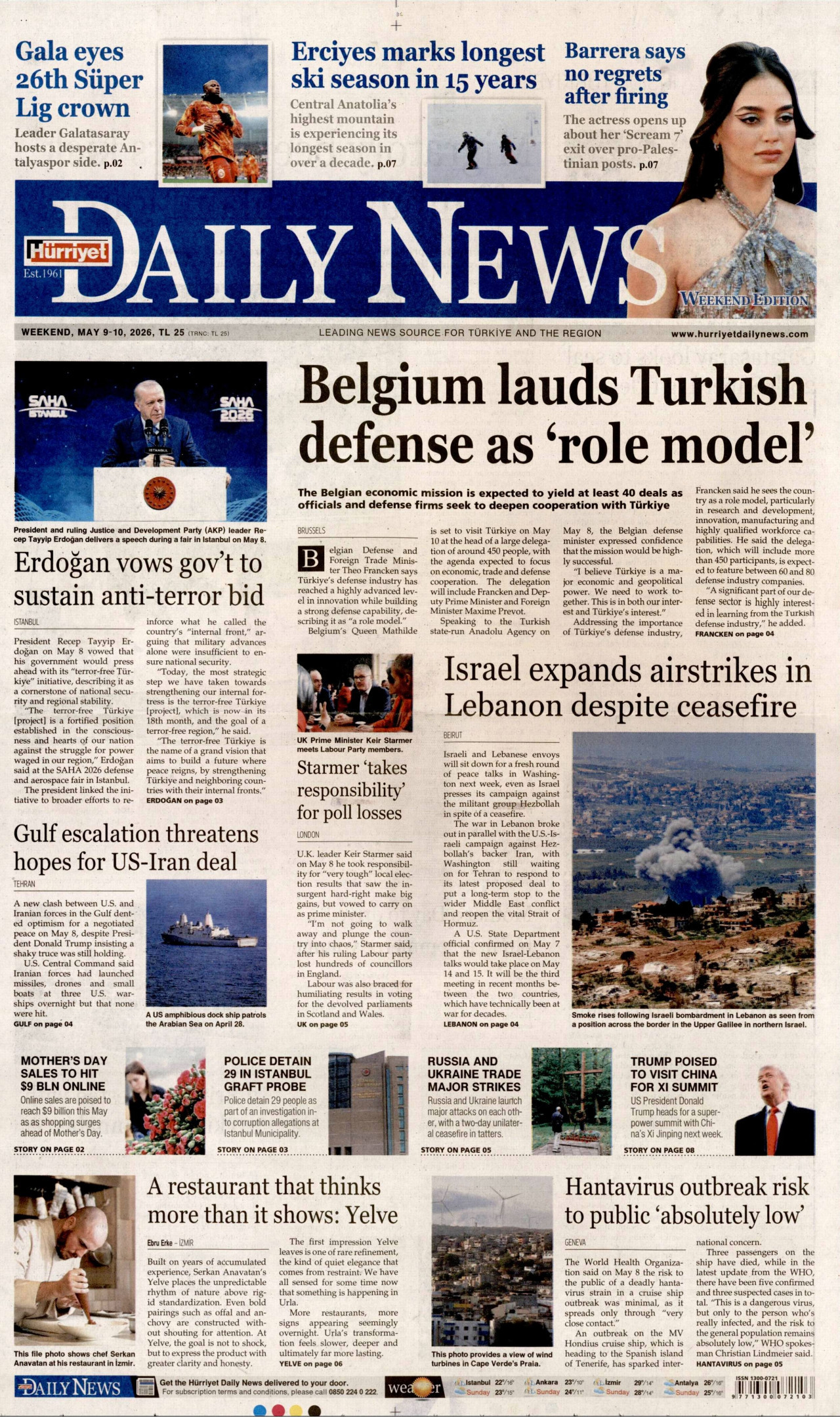 Hürriyet Daily News Gazetesi Manşeti - 9 Mayıs 2026 Birinci Sayfa