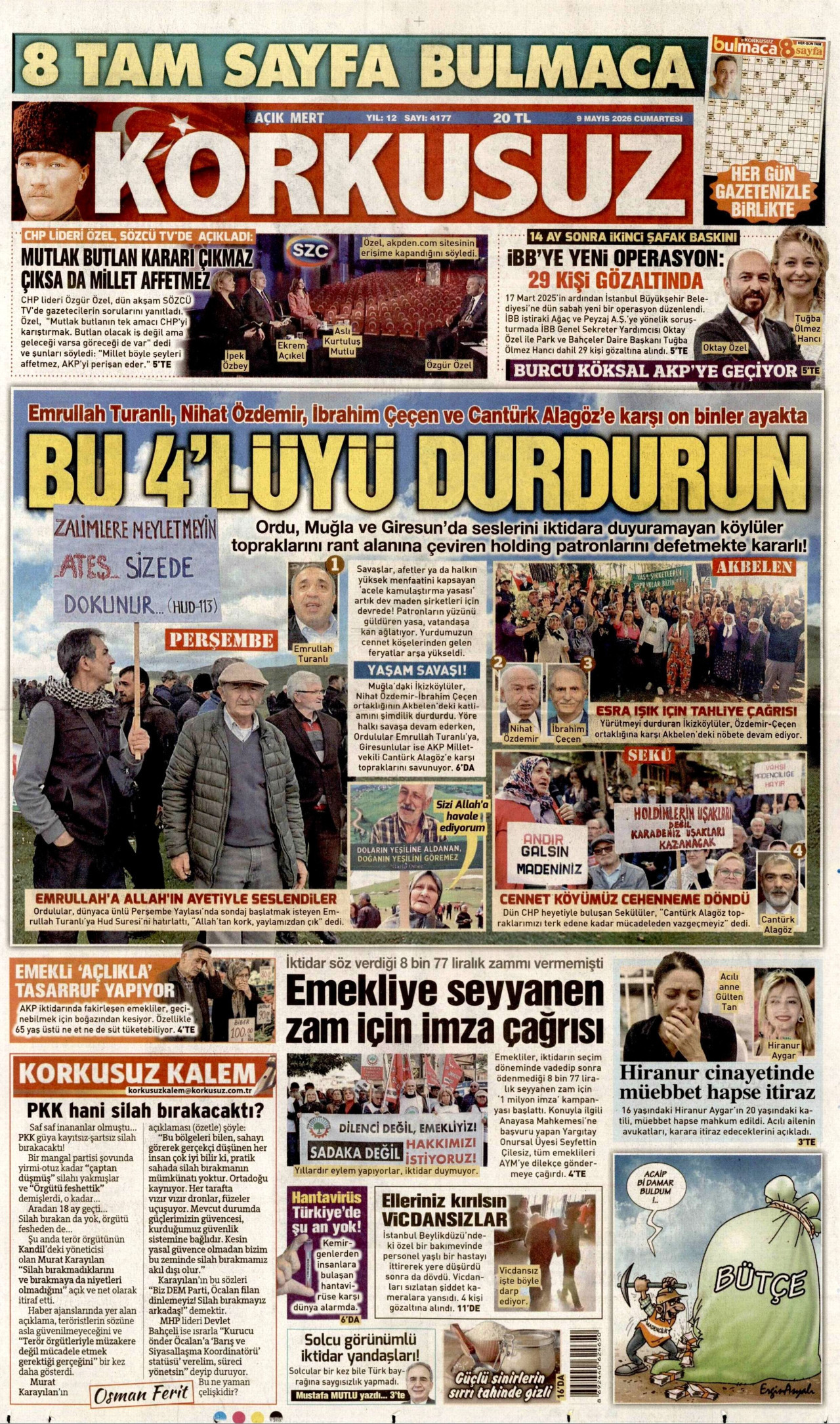 Korkusuz Gazetesi Manşeti - 9 Mayıs 2026 Birinci Sayfa