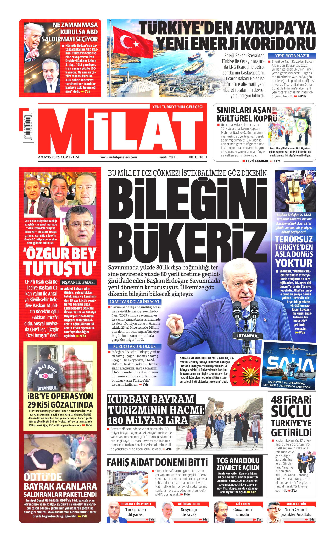 Milat Gazetesi Manşeti - 9 Mayıs 2026 Birinci Sayfa