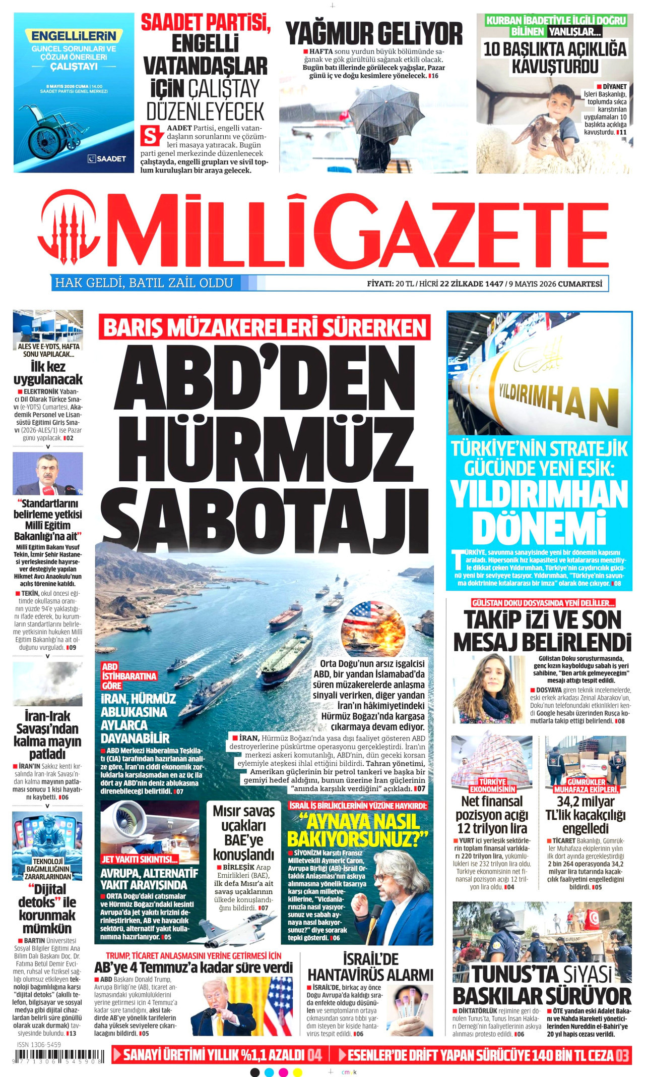 Milli Gazete Gazetesi Manşeti - 9 Mayıs 2026 Birinci Sayfa