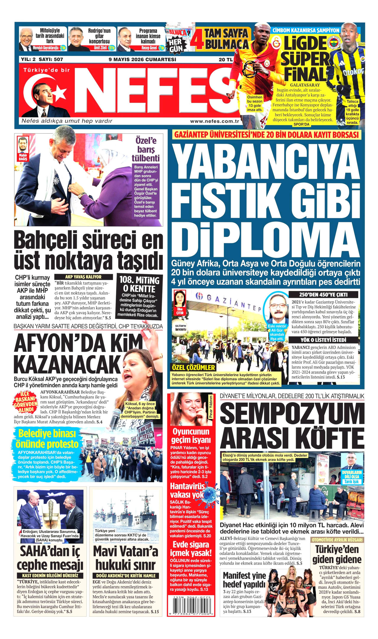 Nefes Gazetesi Manşeti - 9 Mayıs 2026 Birinci Sayfa