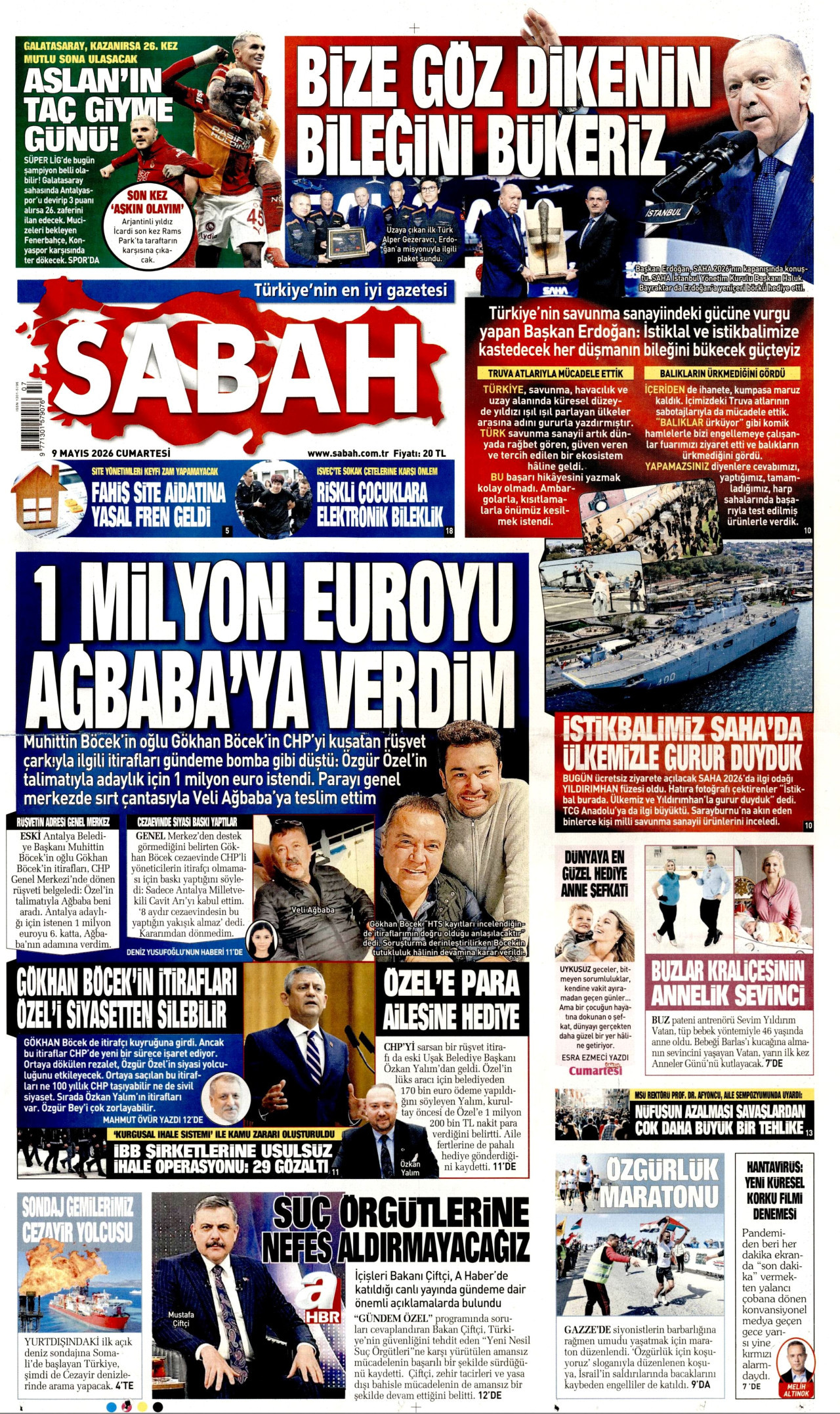Sabah Gazetesi Manşeti - 9 Mayıs 2026 Birinci Sayfa