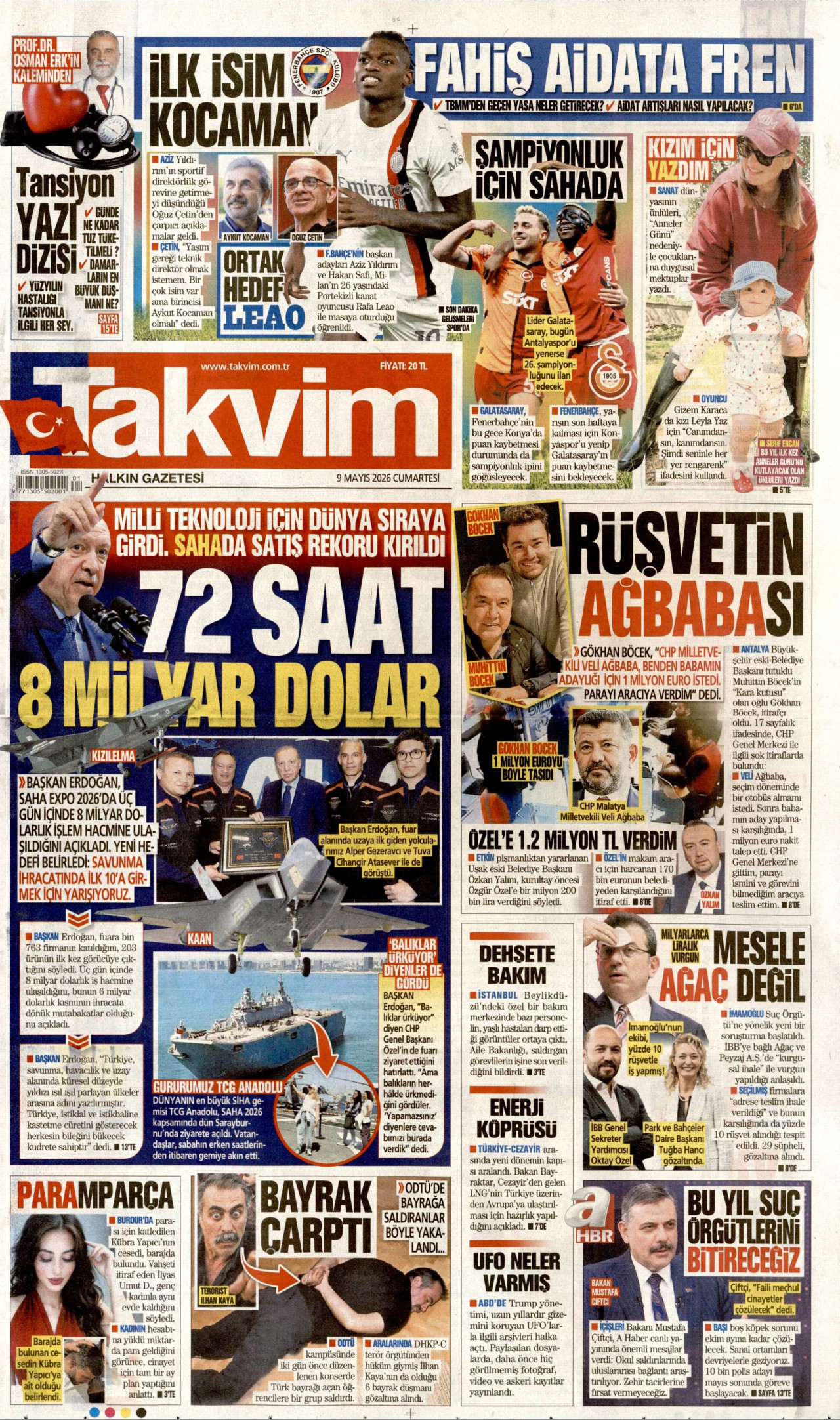 Takvim Gazetesi Manşeti - 9 Mayıs 2026 Birinci Sayfa