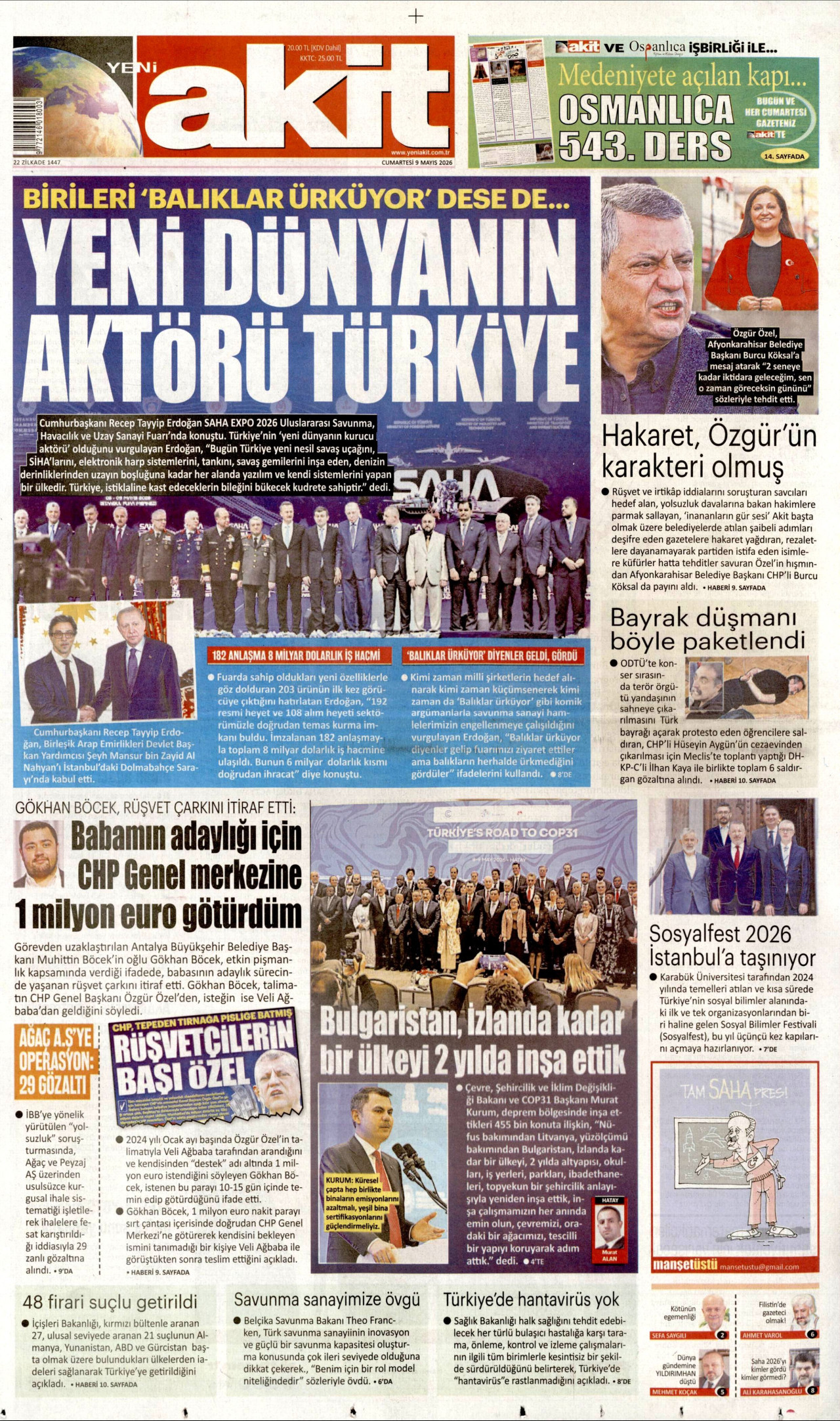 Yeni Akit Gazetesi Manşeti - 9 Mayıs 2026 Birinci Sayfa