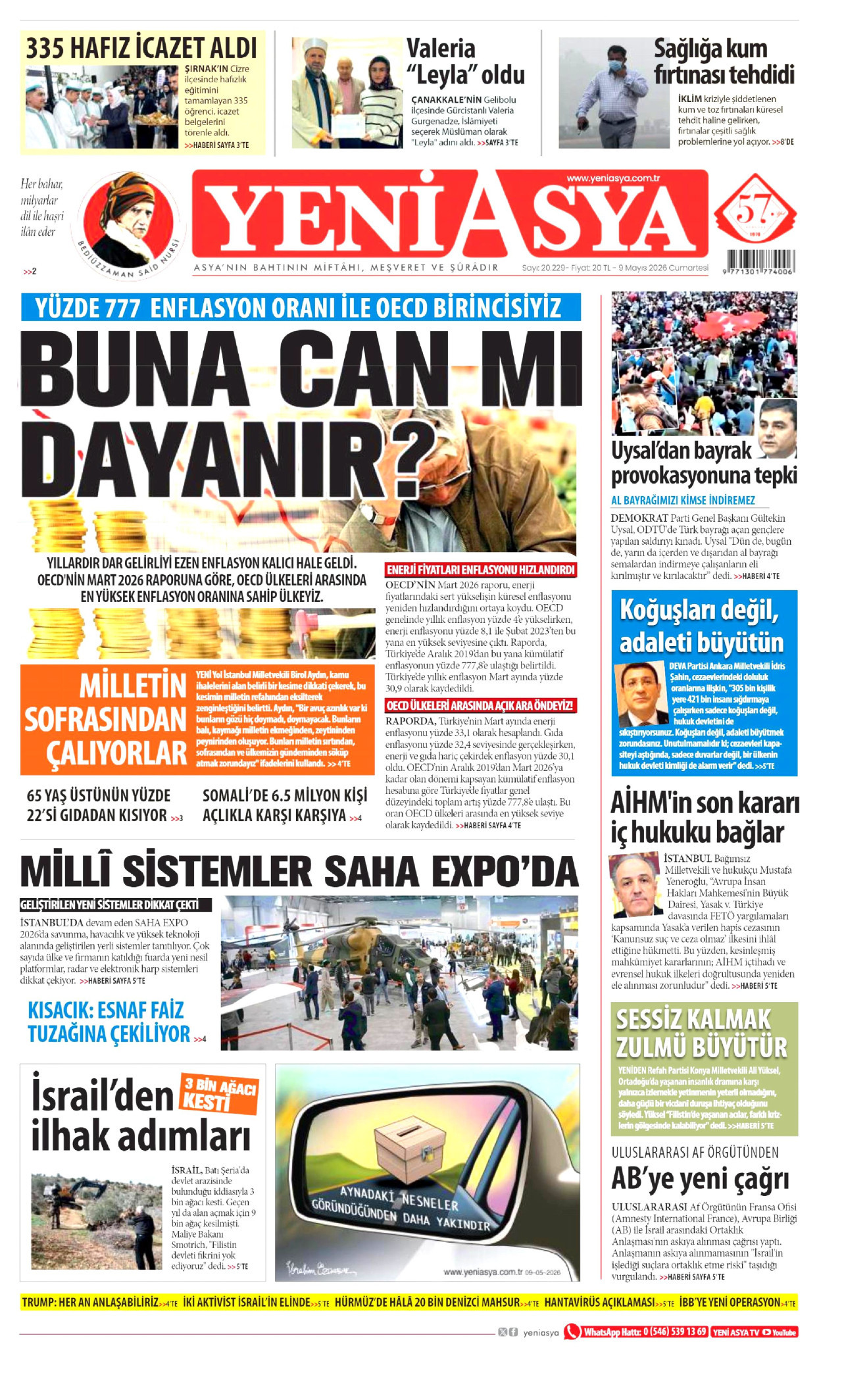 Yeni Asya Gazetesi Manşeti - 9 Mayıs 2026 Birinci Sayfa