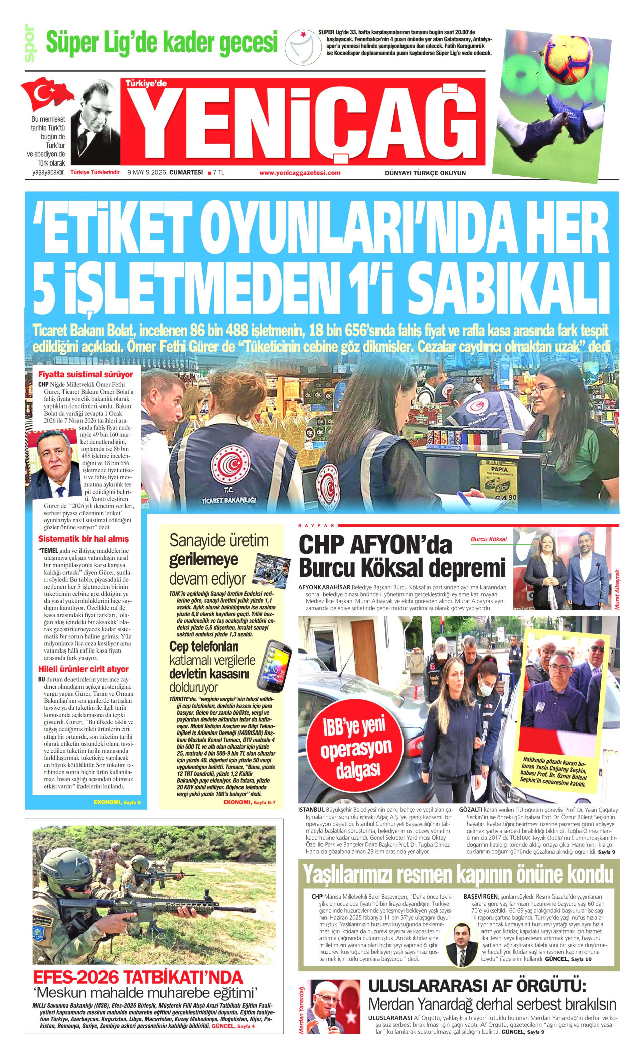 Yeniçağ Gazetesi Manşeti - 9 Mayıs 2026 Birinci Sayfa