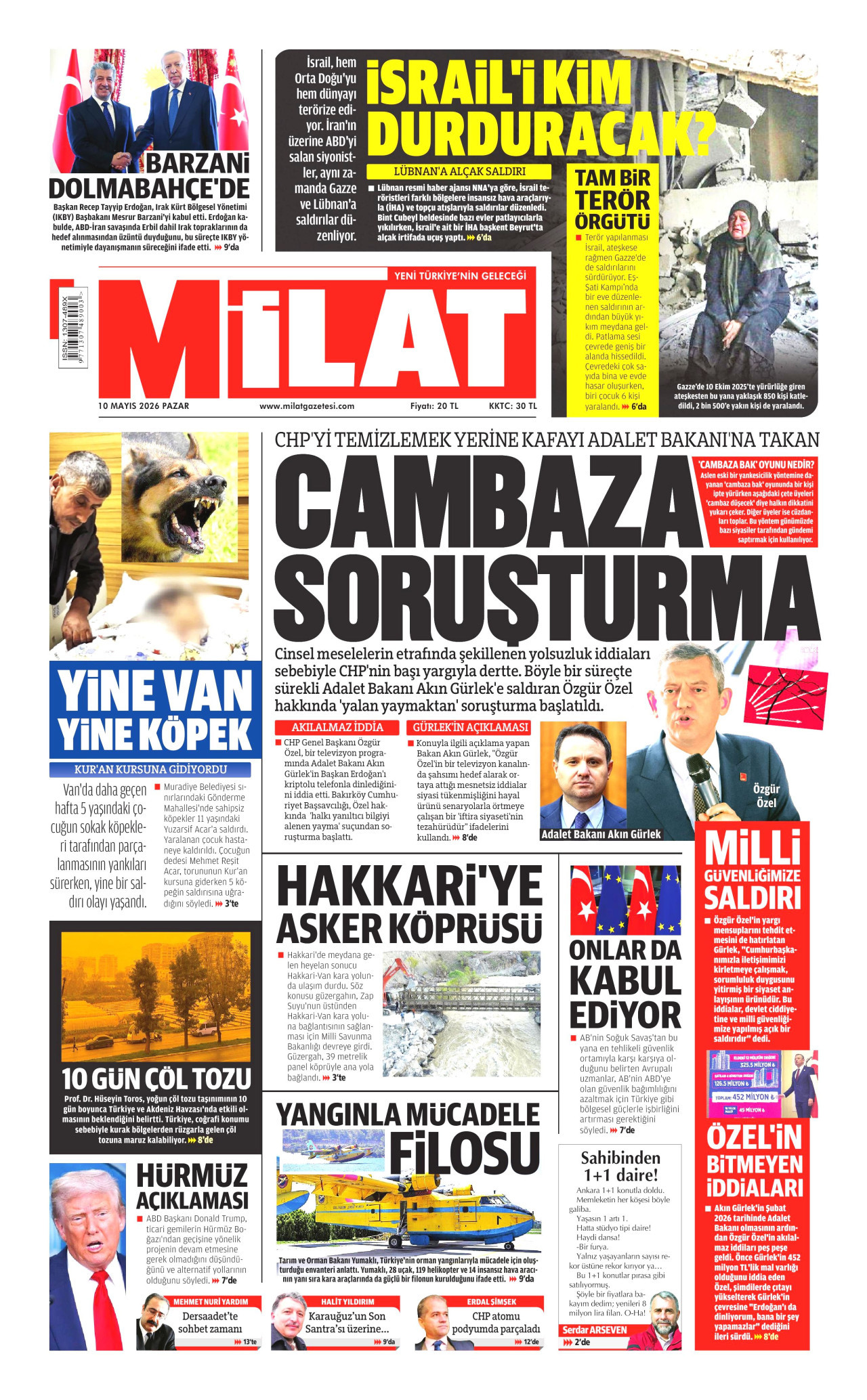 Milat Gazetesi Manşeti - 10 Mayıs 2026 Birinci Sayfa