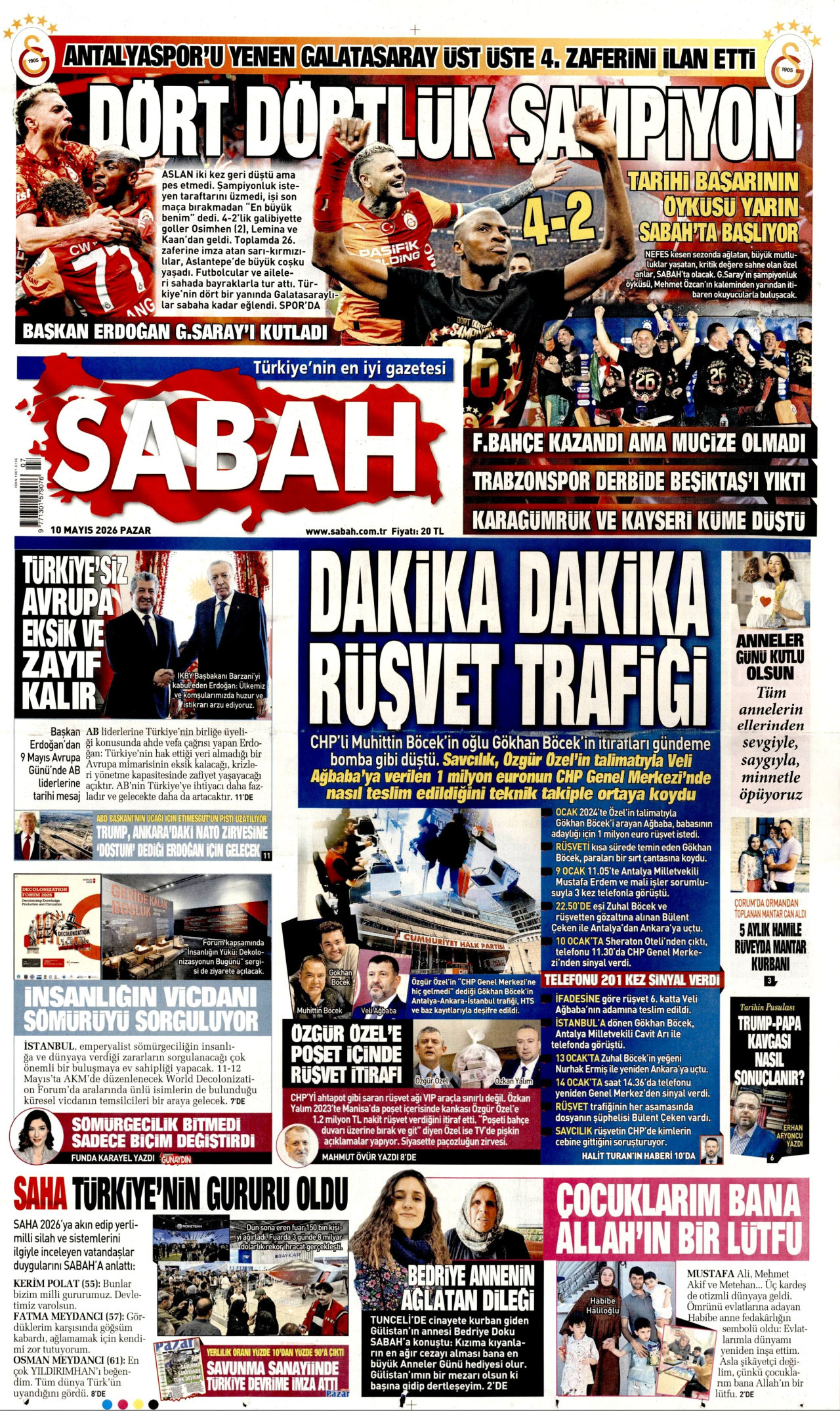 Sabah Gazetesi Manşeti - 10 Mayıs 2026 Birinci Sayfa
