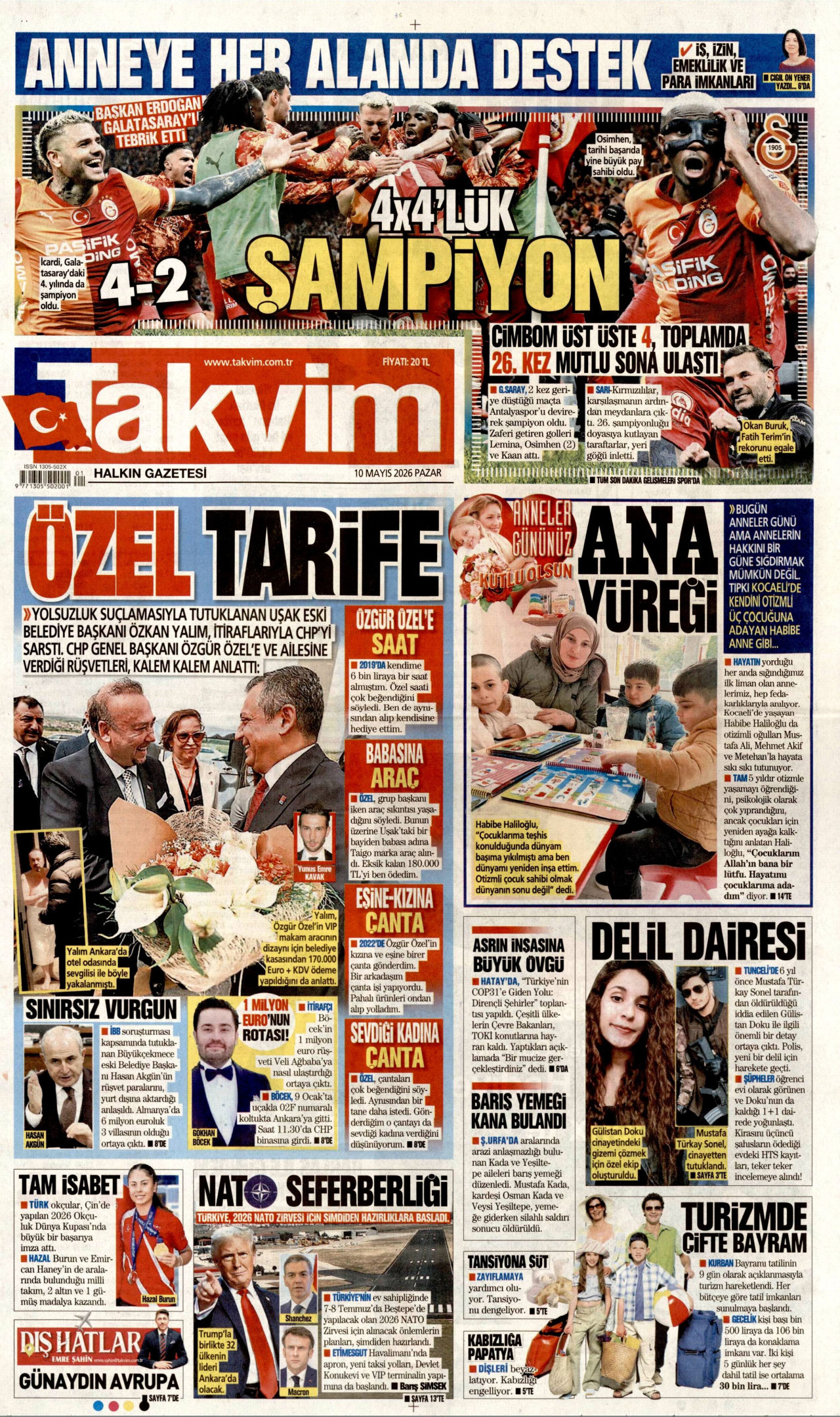 Takvim Gazetesi Manşeti - 10 Mayıs 2026 Birinci Sayfa