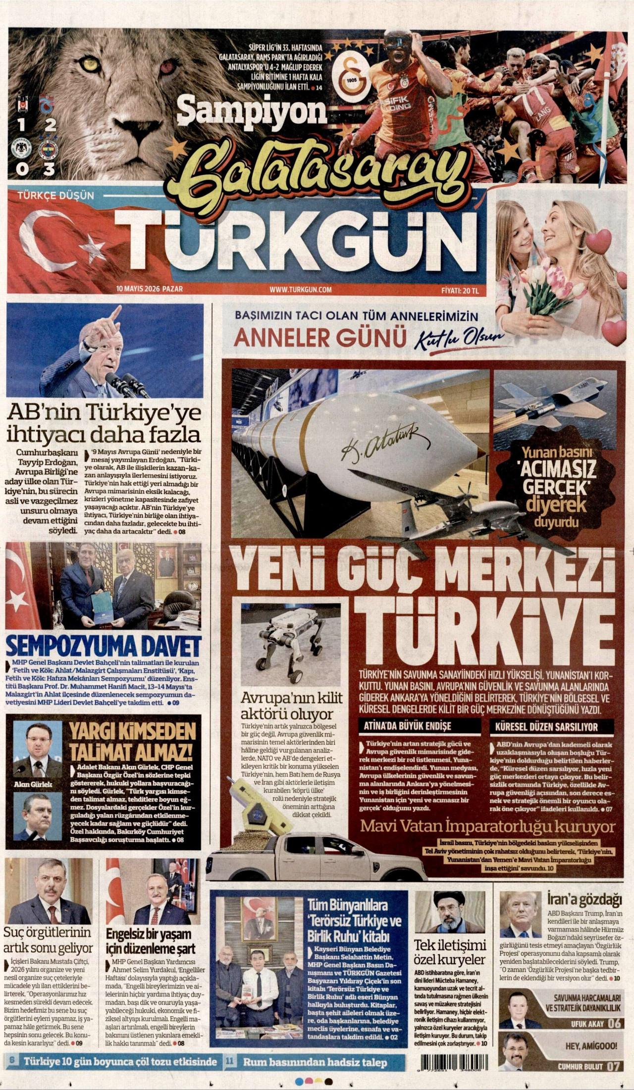 Türkgün Gazetesi Manşeti - 10 Mayıs 2026 Birinci Sayfa
