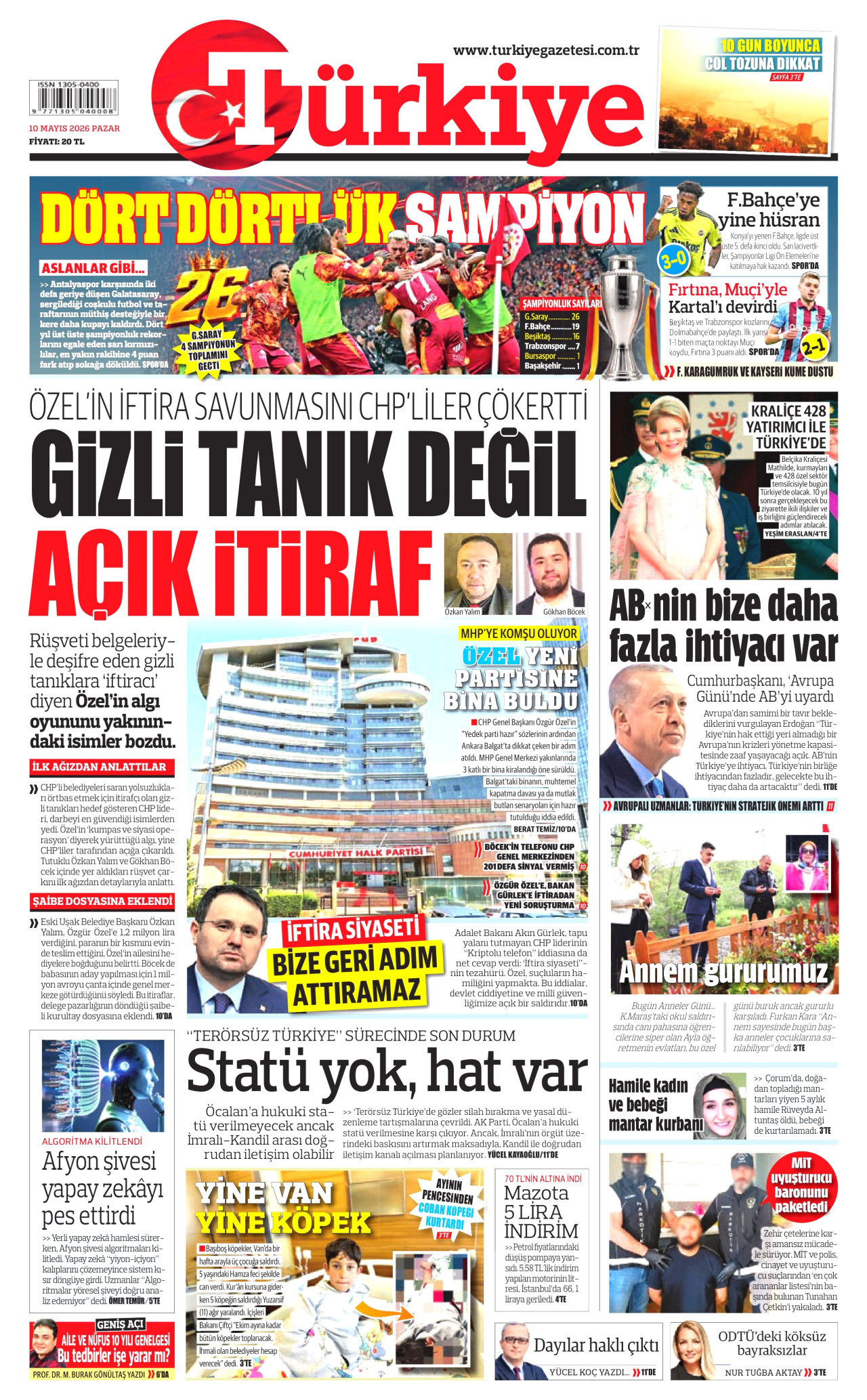 Türkiye Gazetesi Gazetesi Manşeti - 10 Mayıs 2026 Birinci Sayfa