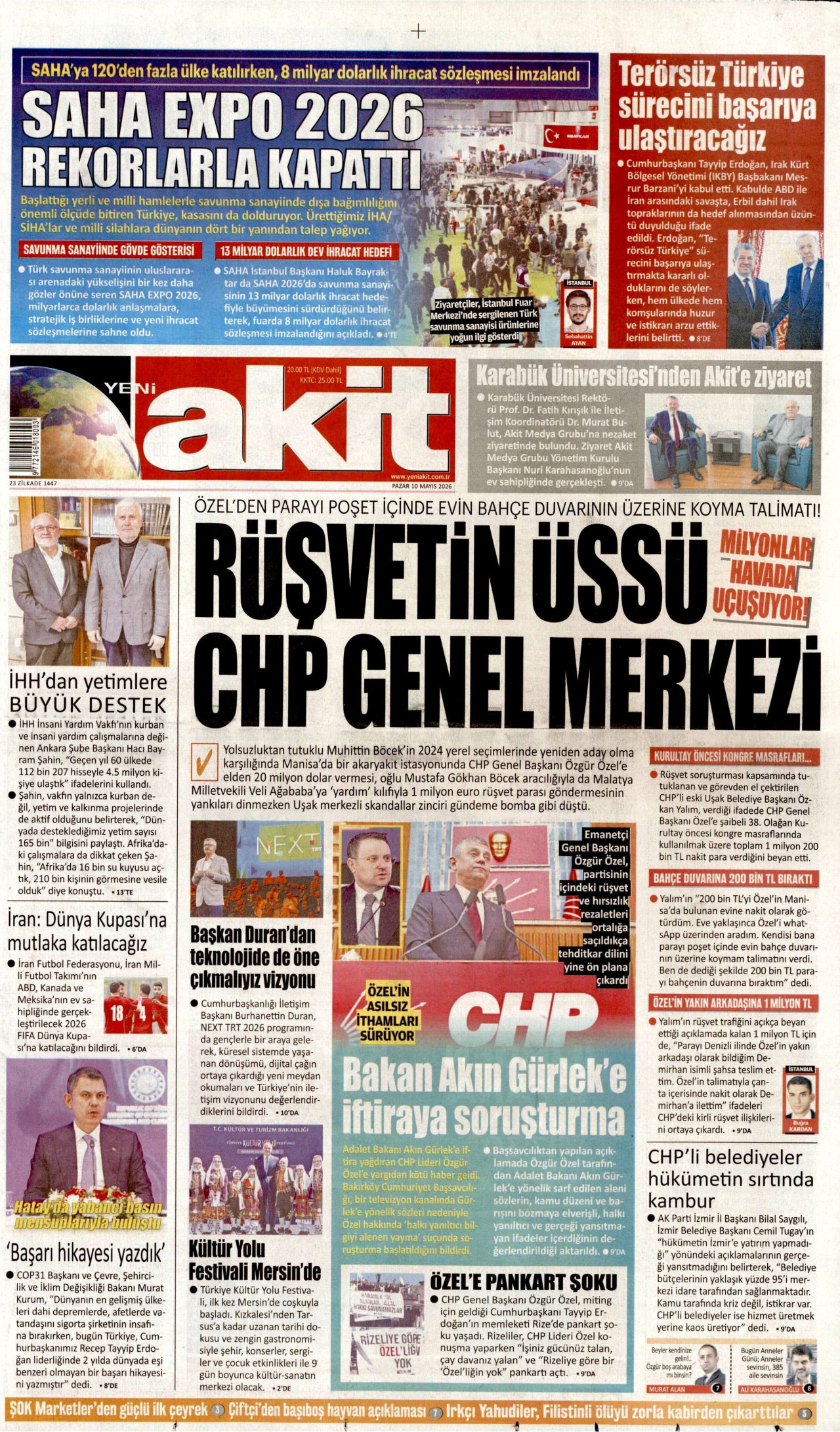 Yeni Akit Gazetesi Manşeti - 10 Mayıs 2026 Birinci Sayfa