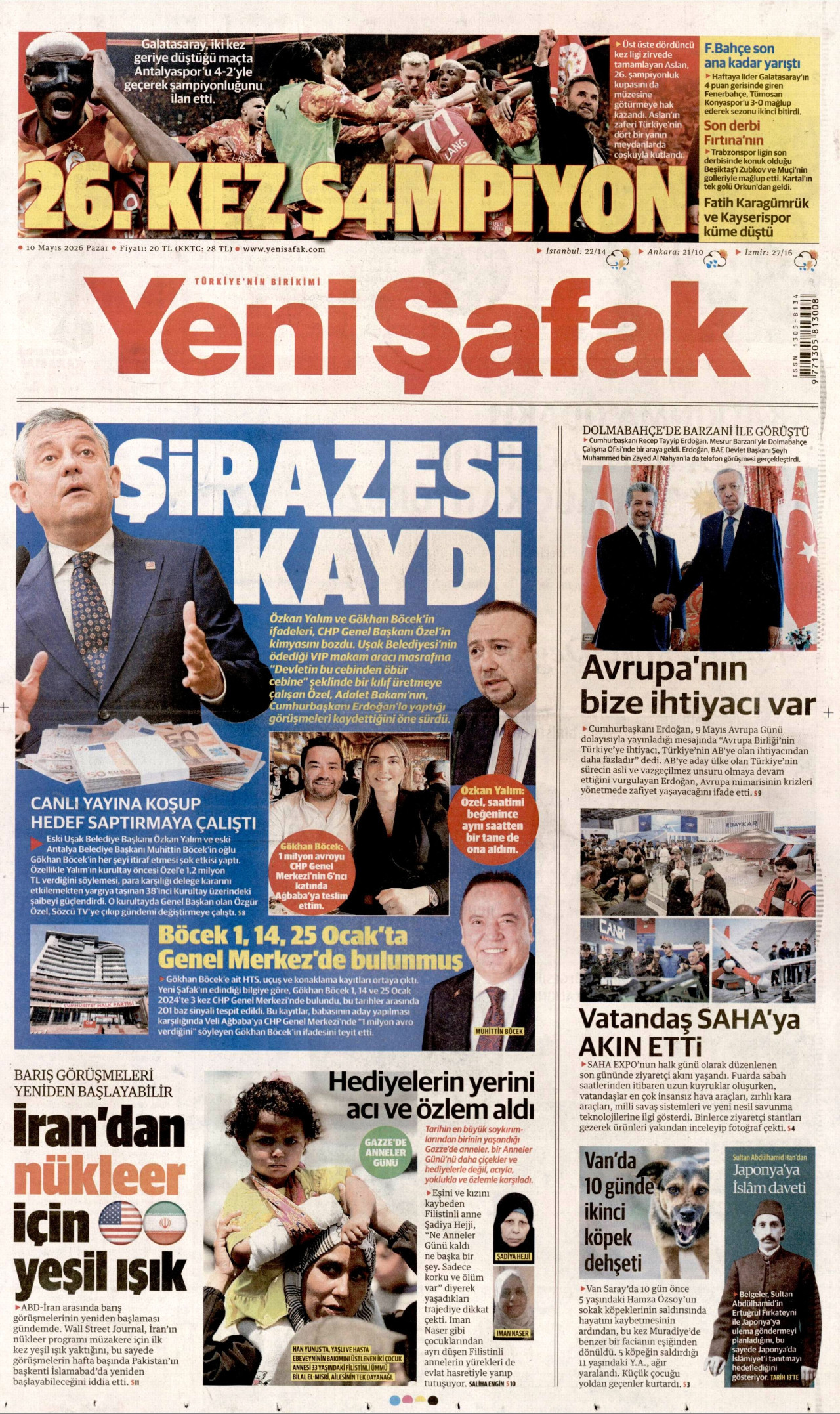 Yeni Şafak Gazetesi Manşeti - 10 Mayıs 2026 Birinci Sayfa