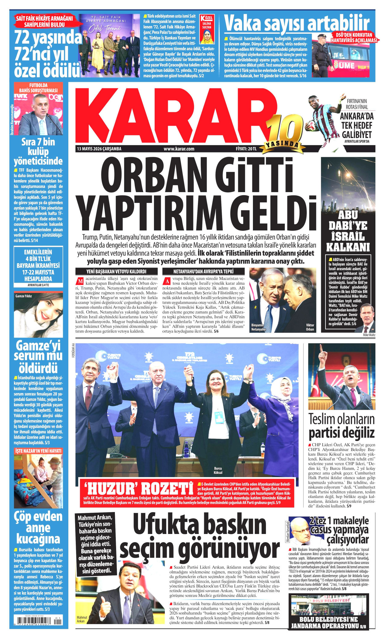 Karar Gazetesi Manşeti - 13 Mayıs 2026 Birinci Sayfa