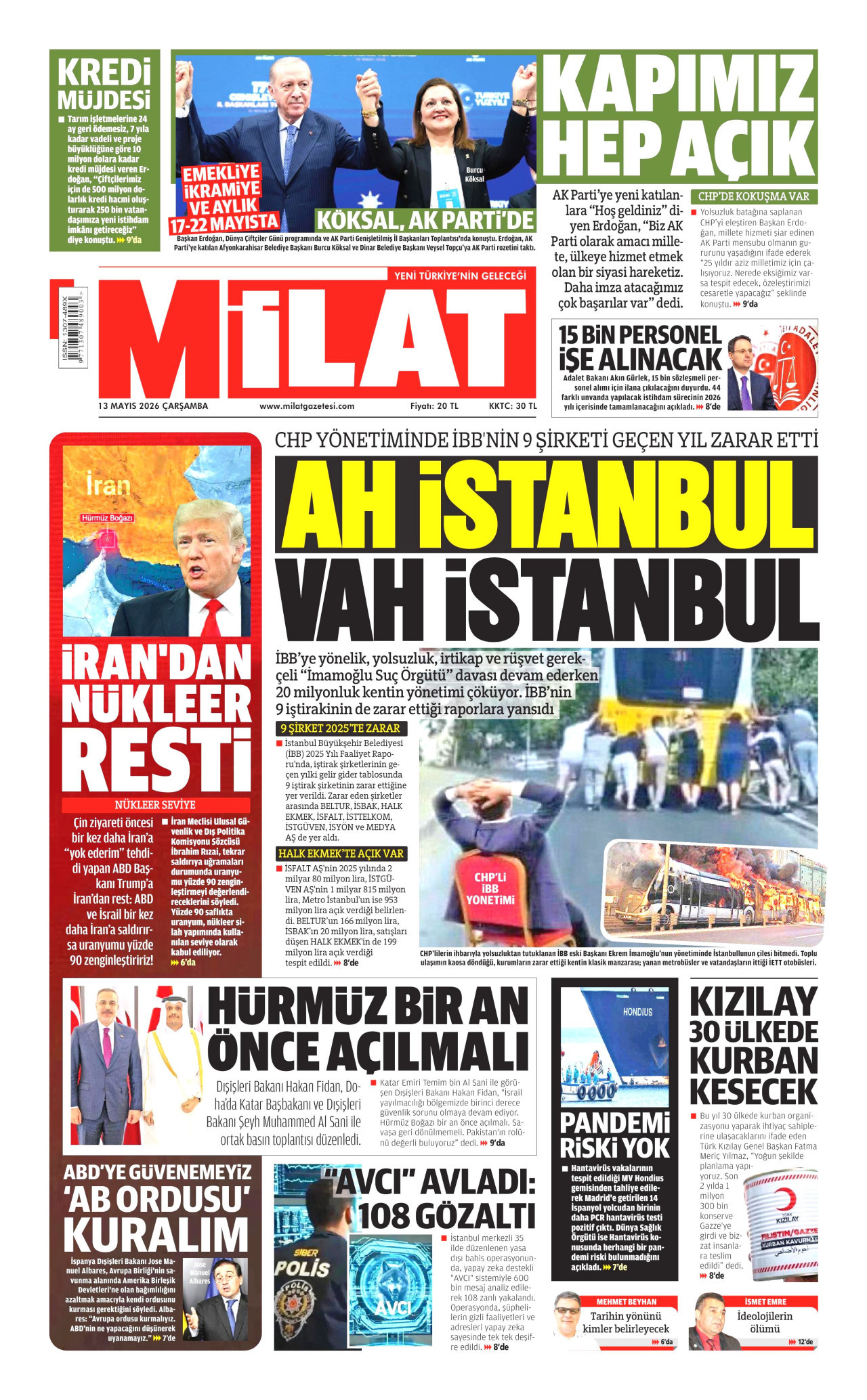 Milat Gazetesi Manşeti - 13.05.2026