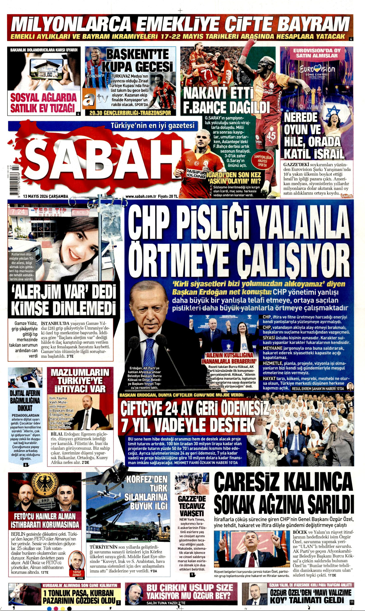 Sabah Gazetesi Manşeti - 13 Mayıs 2026 Birinci Sayfa