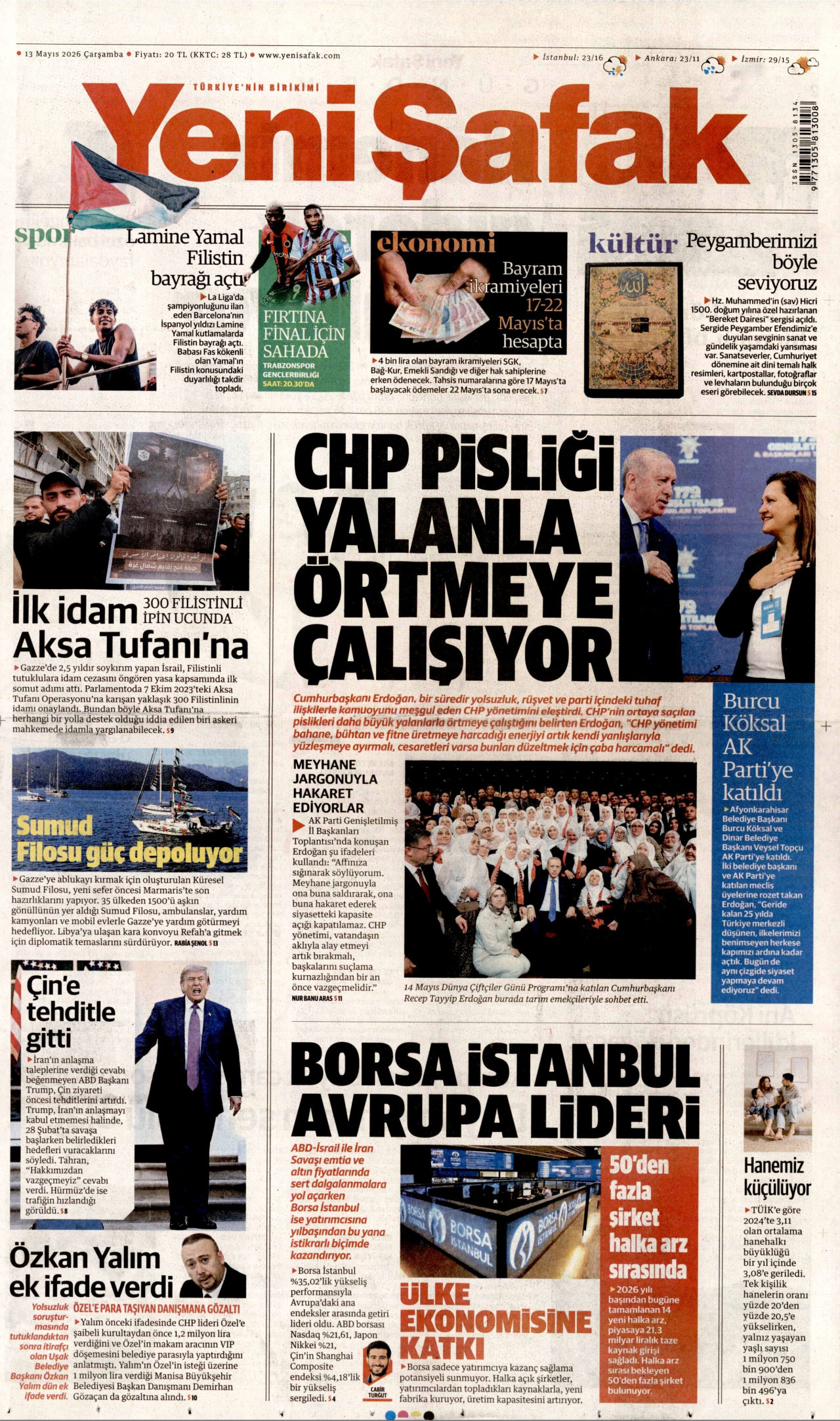 Yeni Şafak Gazetesi Manşeti - 13.05.2026