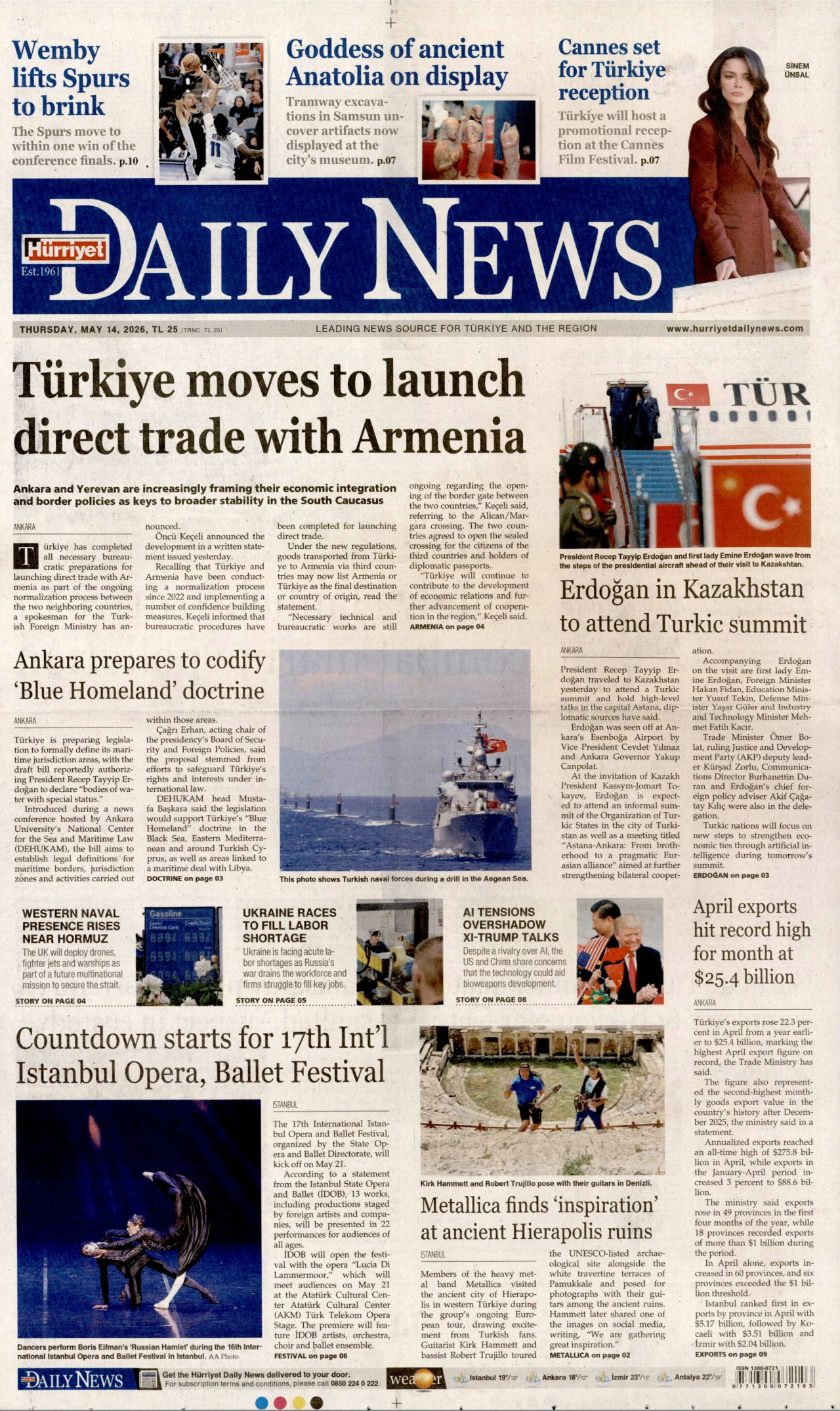 Hürriyet Daily News Gazetesi Manşeti - 14.05.2026