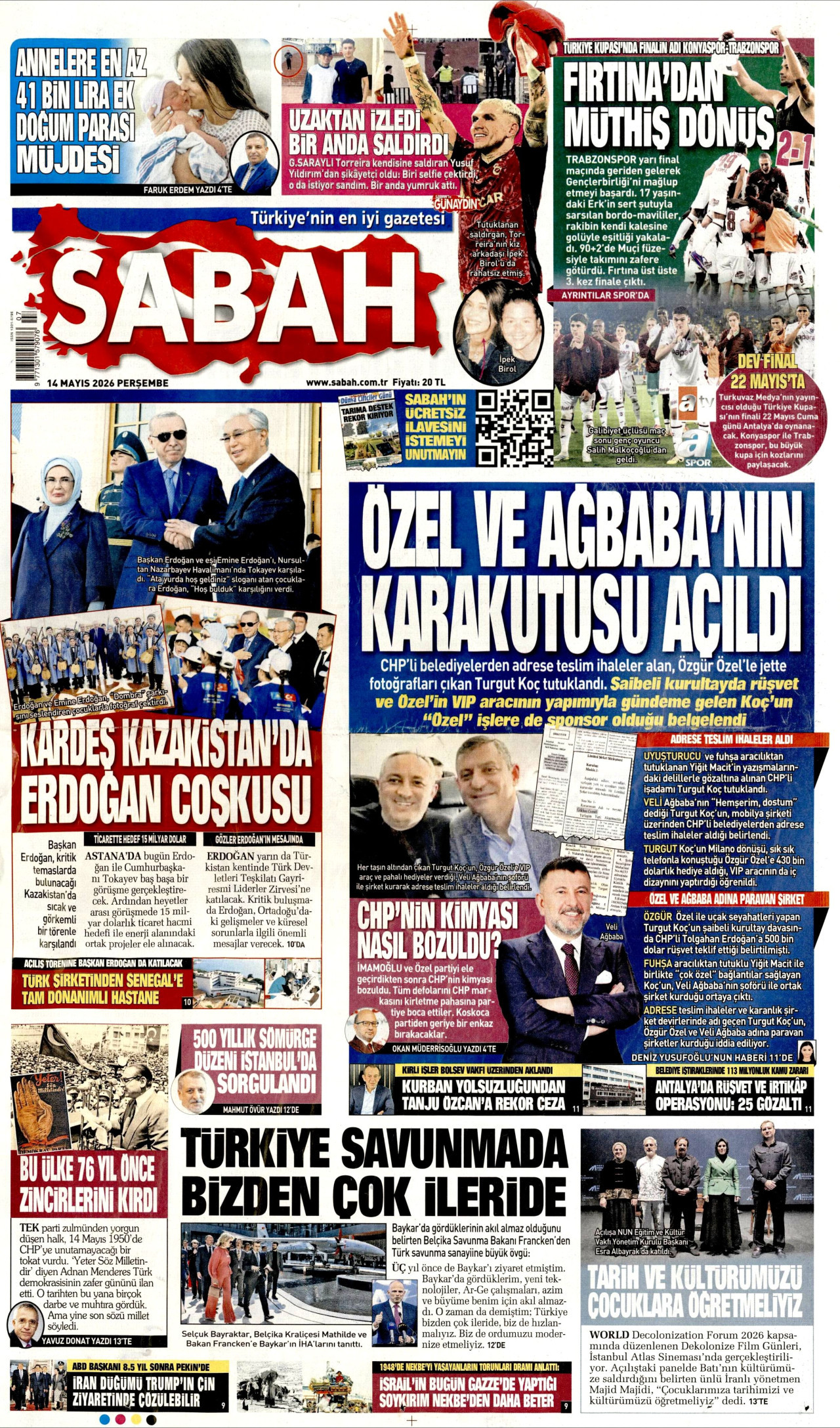 Sabah gazete manşeti 14 Mayıs 2026 Perşembe