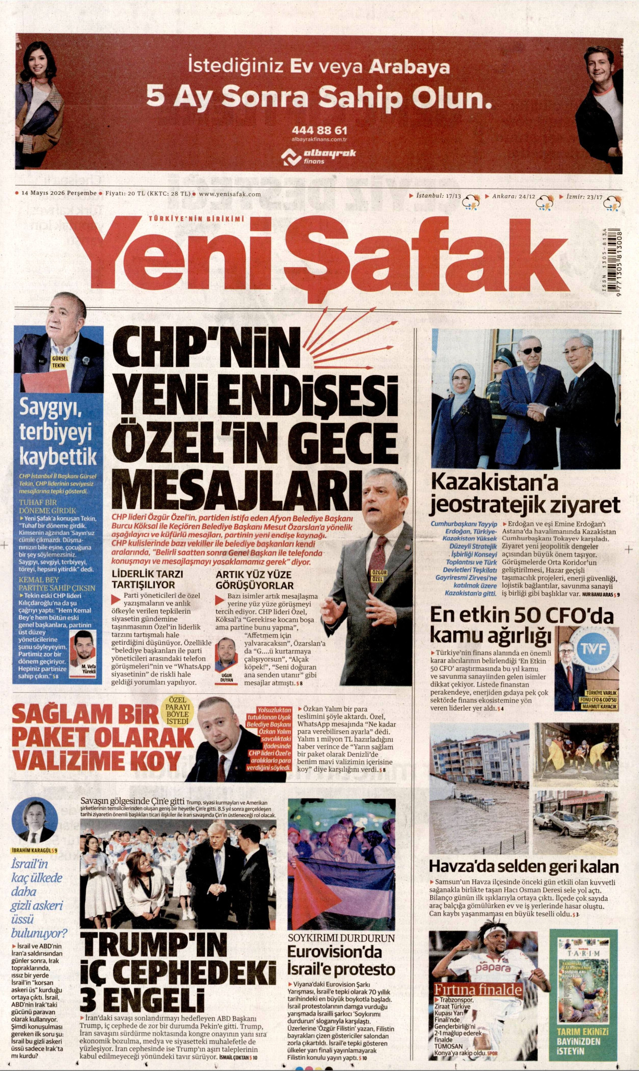 Yeni Şafak Gazetesi Manşeti - 14.05.2026