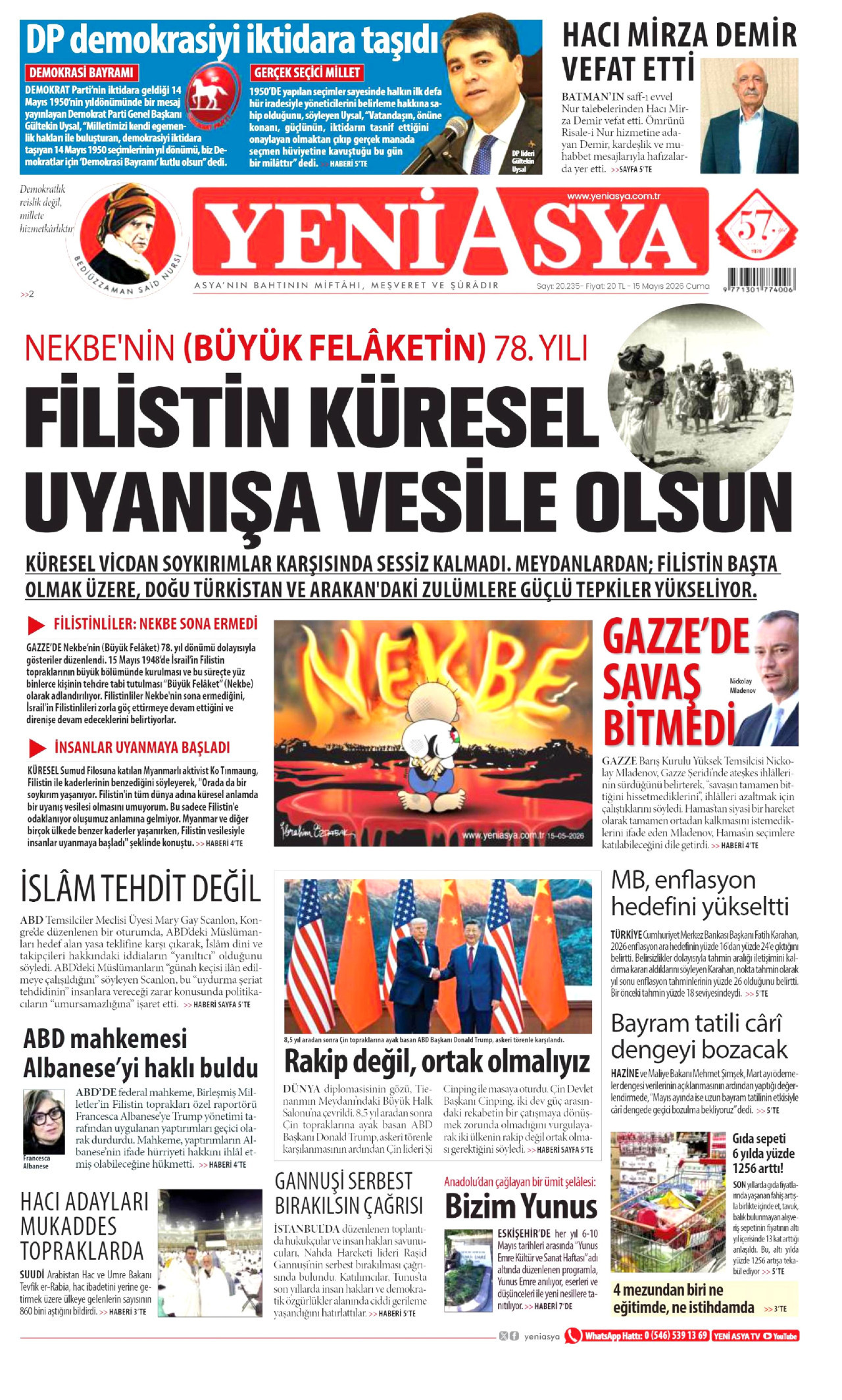 Yeni Asya Gazetesi Manşeti - 15 Mayıs 2026 Birinci Sayfa