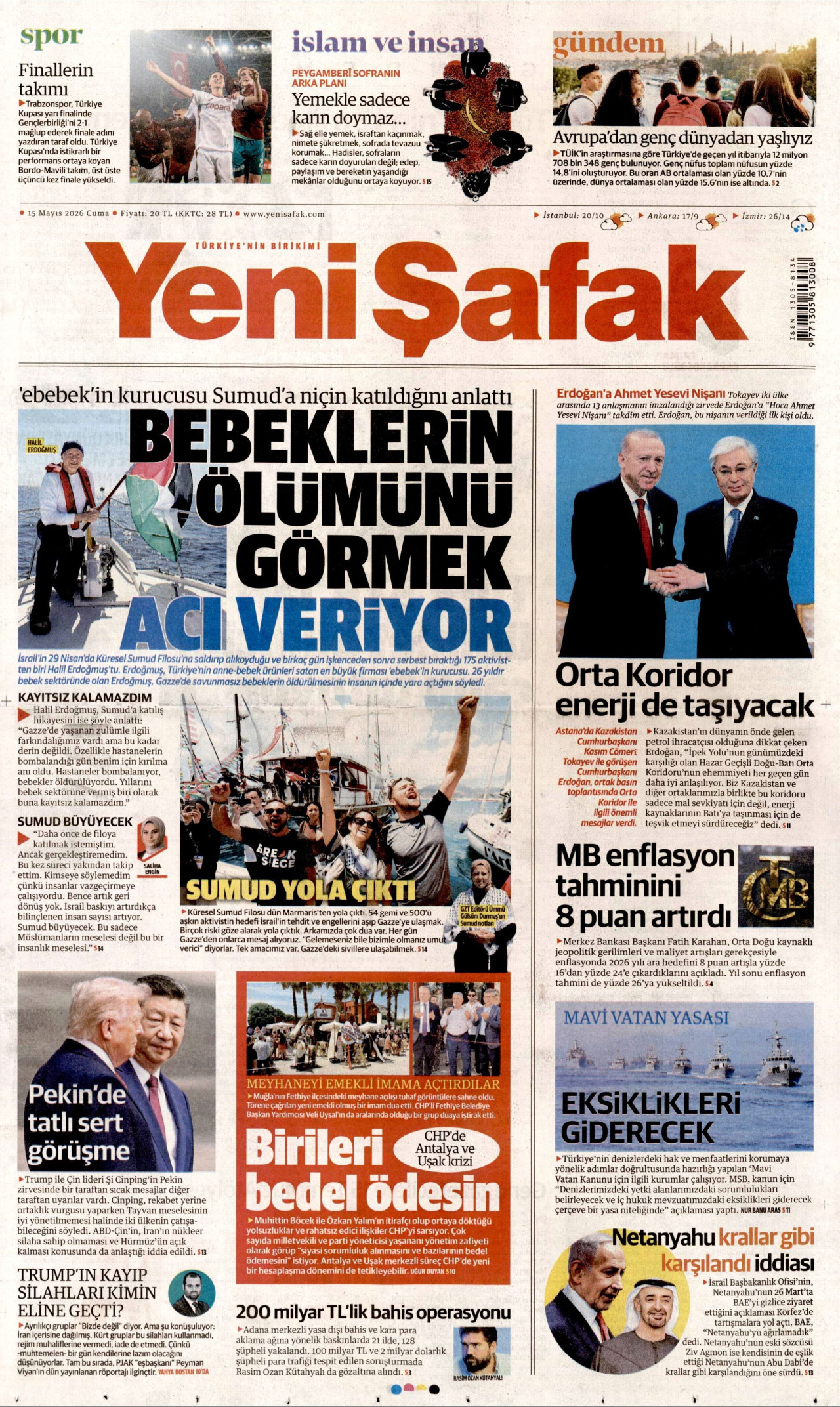 Yeni Şafak Gazetesi Manşeti - 15 Mayıs 2026 Birinci Sayfa