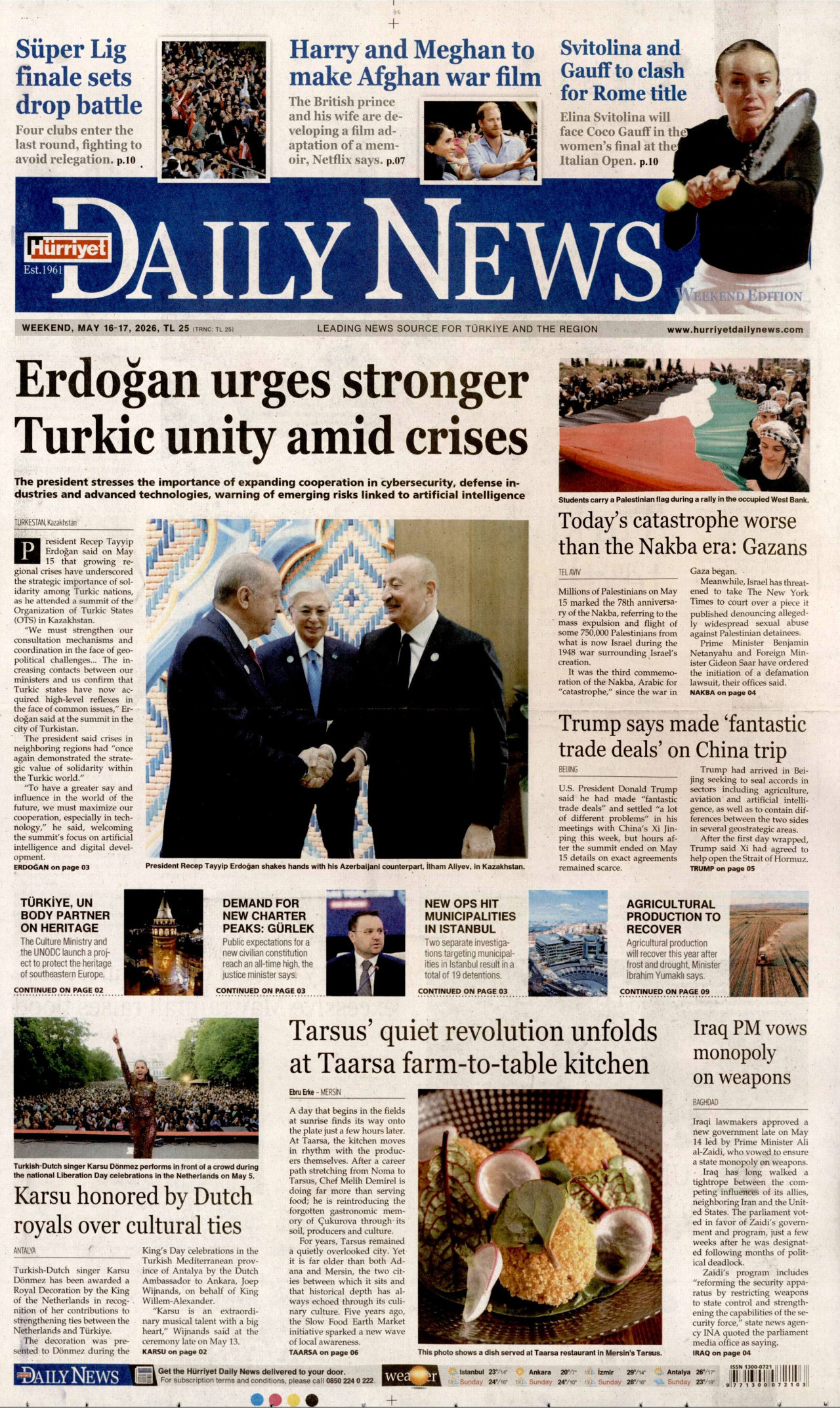 Hürriyet Daily News Gazetesi Manşeti - 16 Mayıs 2026 Birinci Sayfa