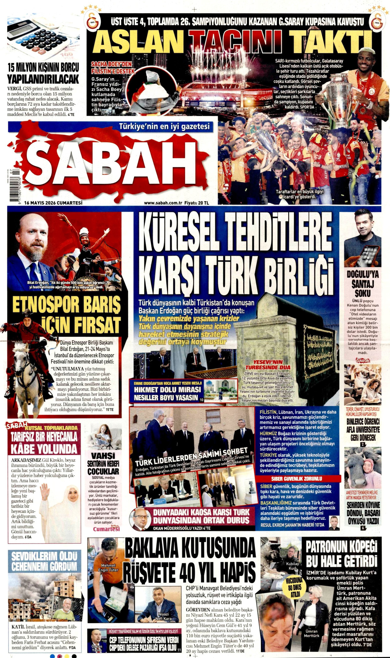 Sabah Gazetesi Manşeti - 16 Mayıs 2026 Birinci Sayfa