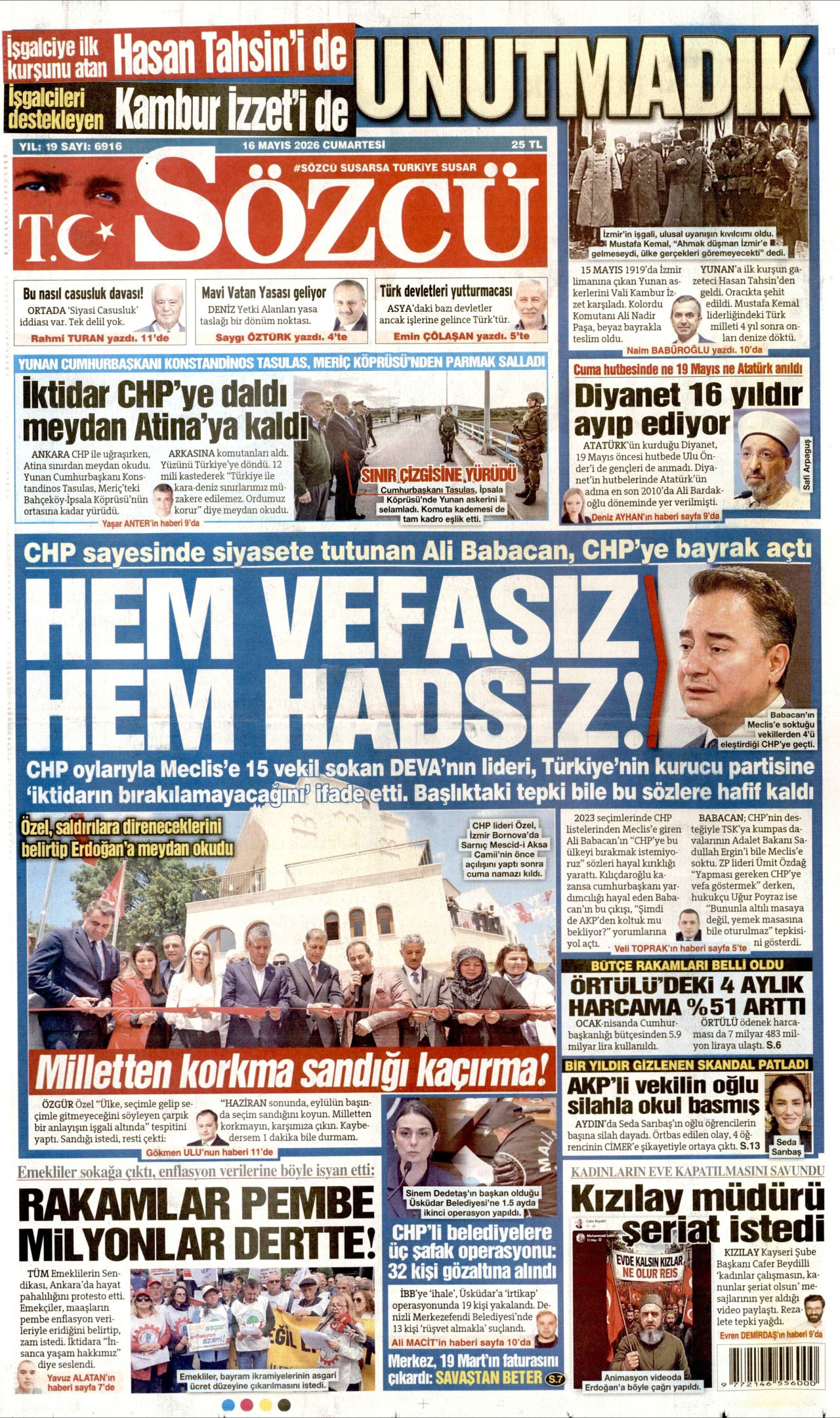 Sözcü Gazetesi Manşeti - 16 Mayıs 2026 Birinci Sayfa